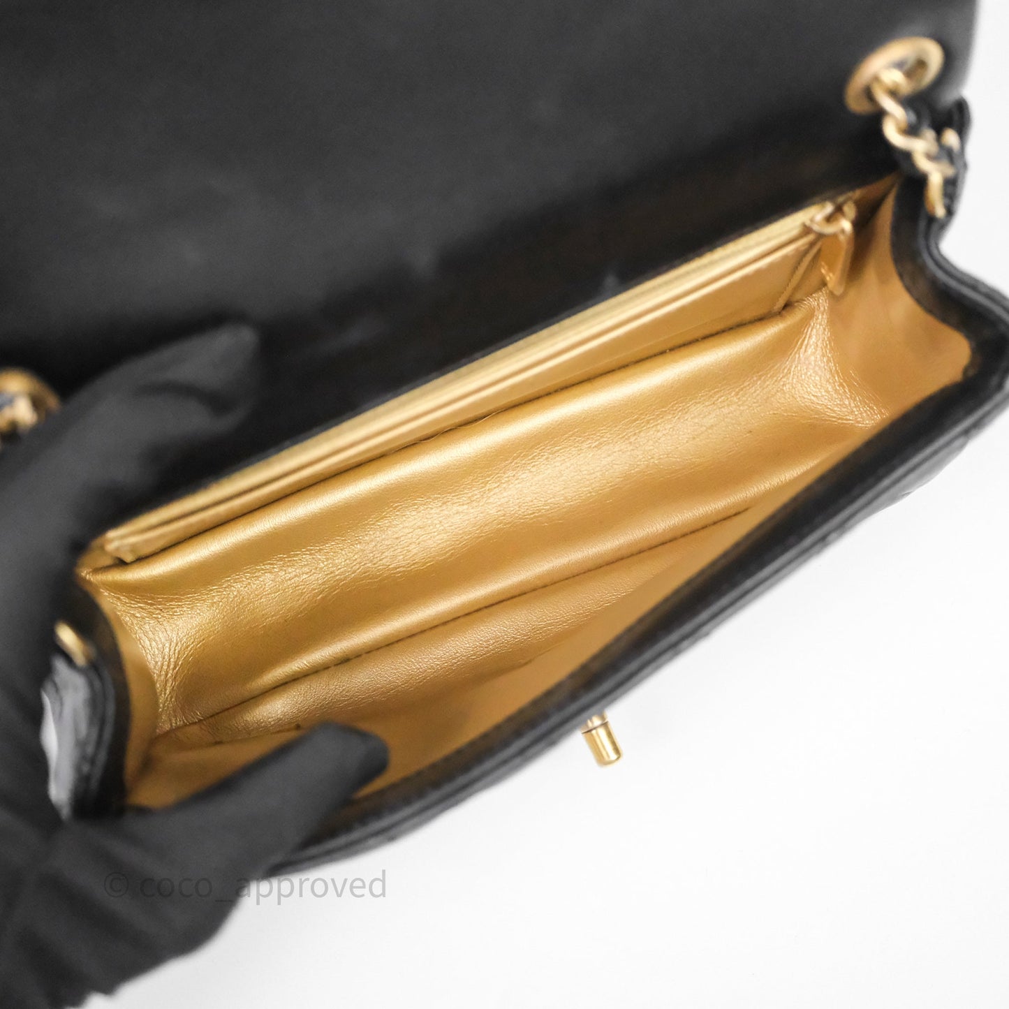 Chanel Mini Rectangular Pearl Crush Quilted Black Lambskin Aged Gold Hardware