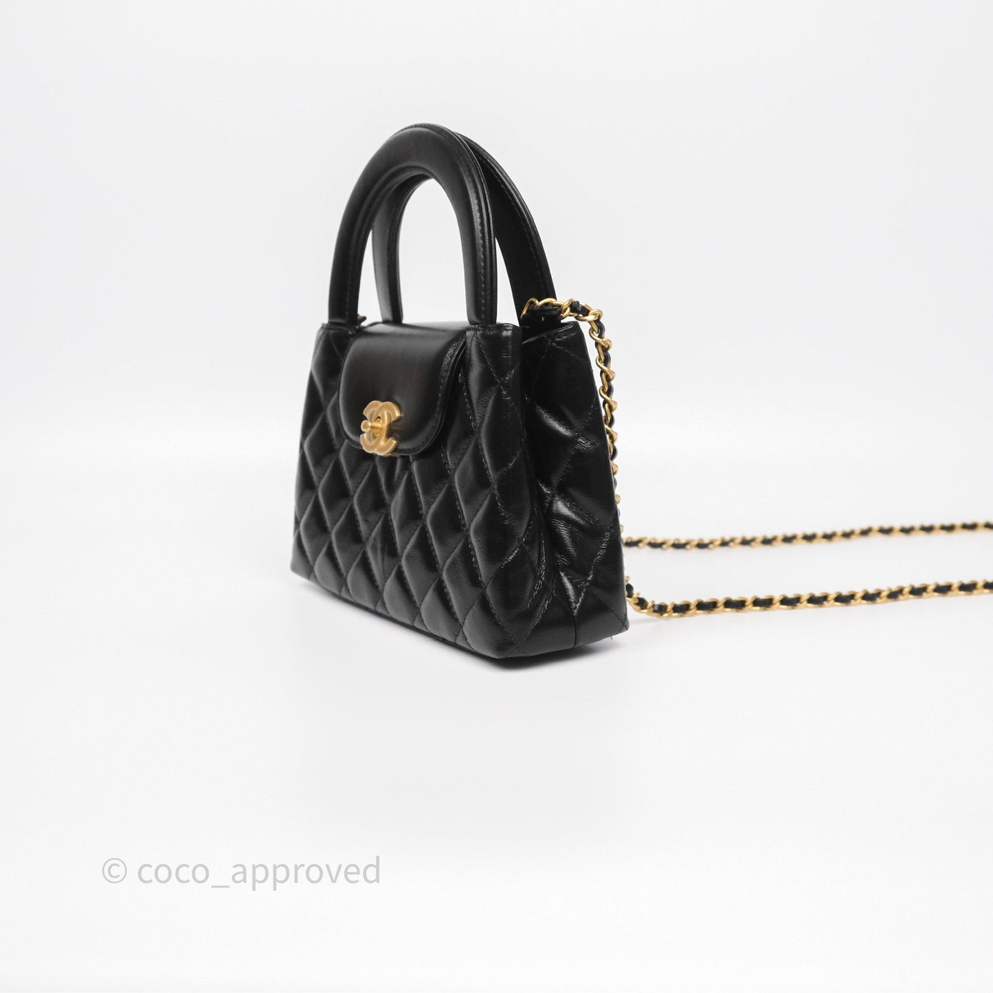 Chanel Kelly Bag Quilted Black Shiny Crumpled Calfskin Aged Gold Hardware