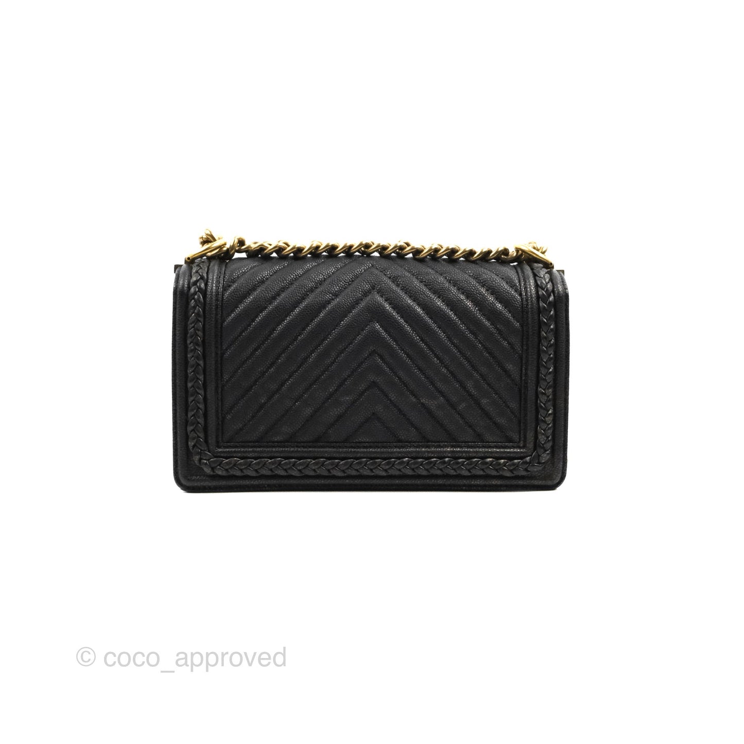 Chanel Medium Braid Around Boy Flap Patinated Caviar Chevron Black Aged Gold Hardware