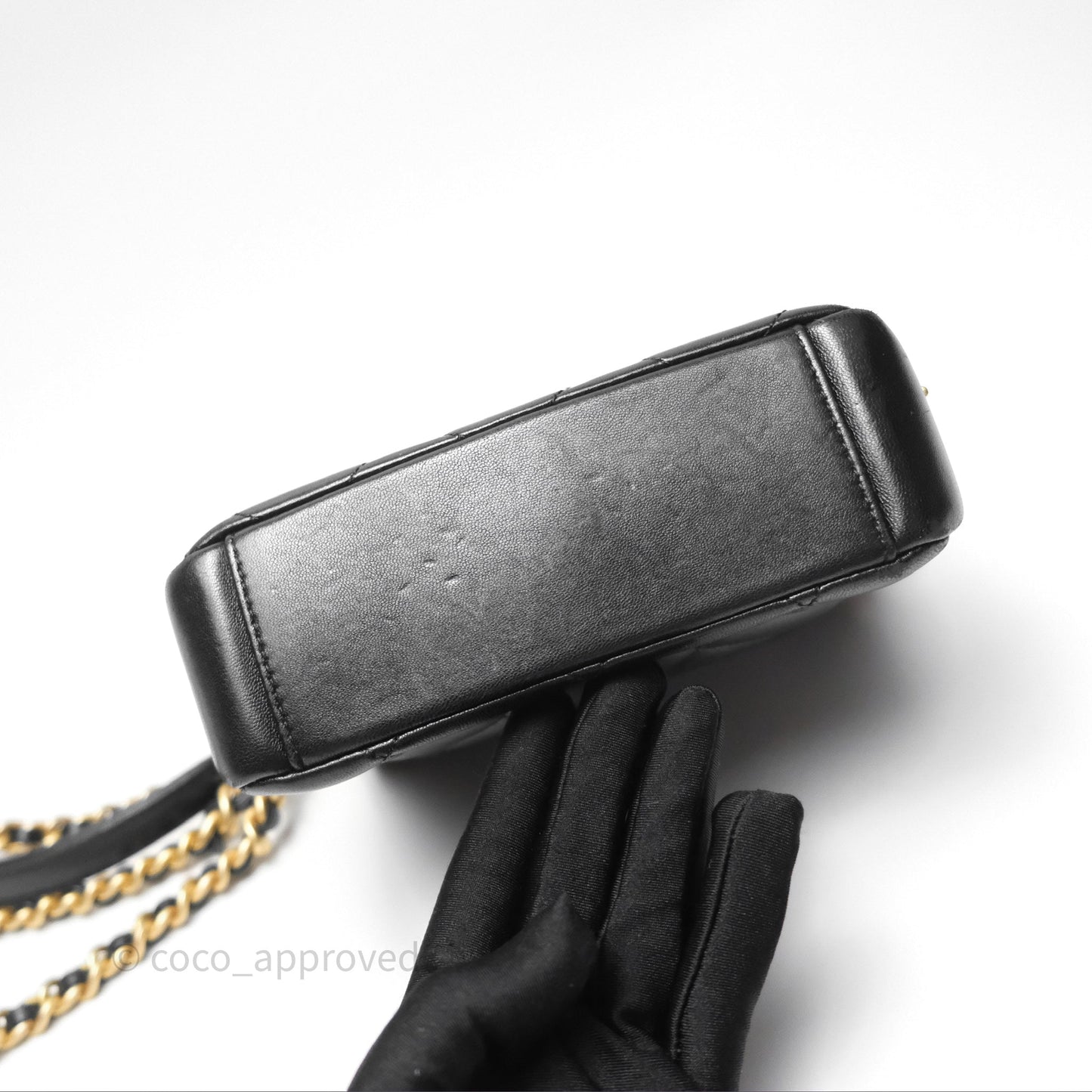 Chanel Logo Mini Square Flap Bag Black Lambskin Aged Gold Hardware 21B