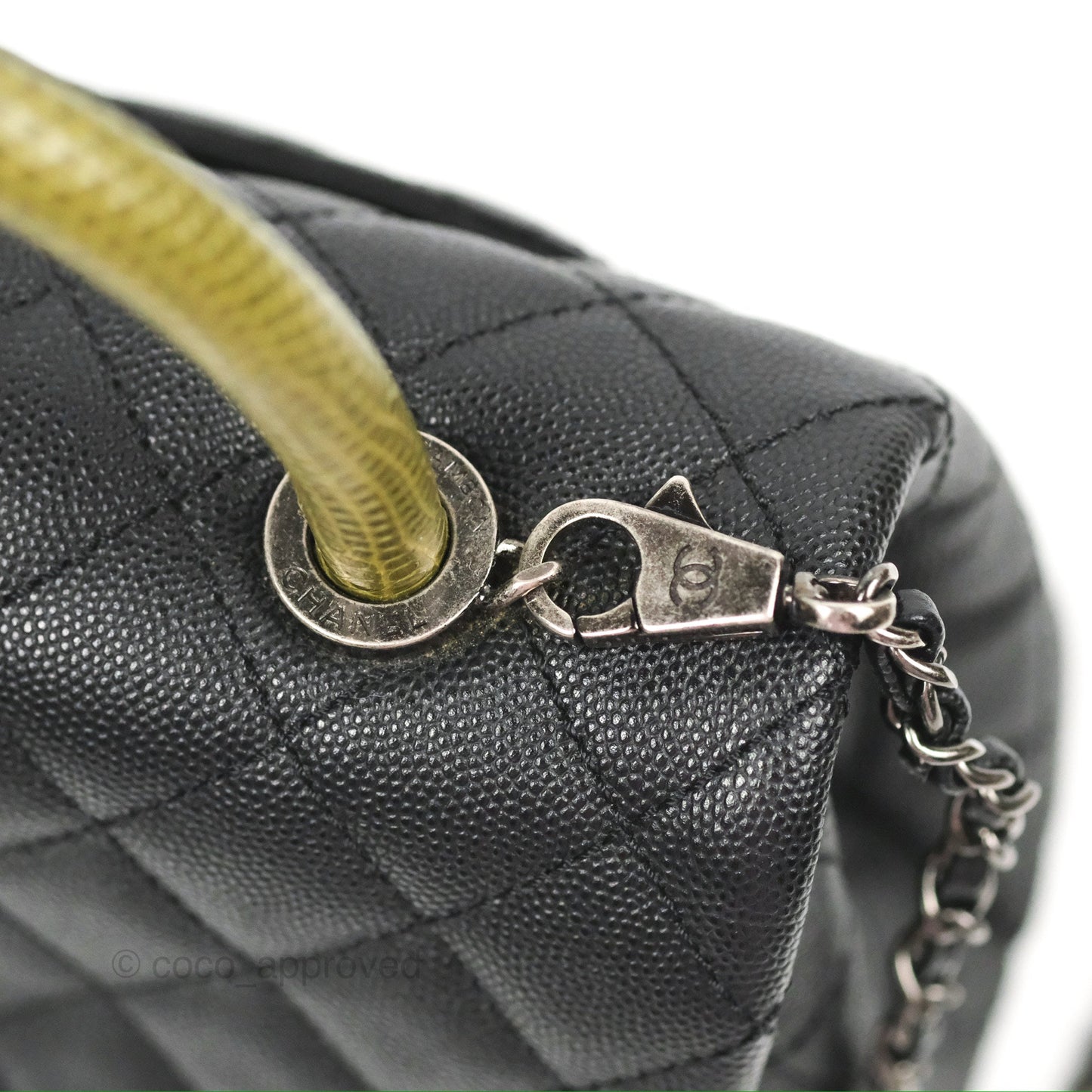 Chanel Small Coco Handle Quilted Black Caviar Ruthenium Hardware Olive Lizard Handle