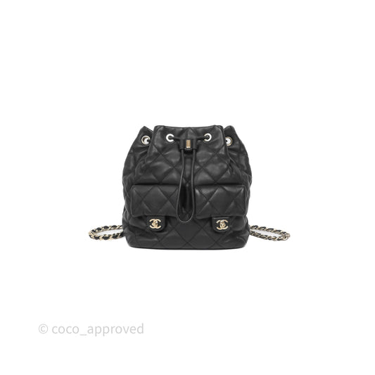 Chanel Double Pocket Black Bucket Bag Calfskin Gold Hardware