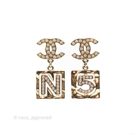 Chanel Crystal CC No.5 Drop Earrings Gold Tone 22S