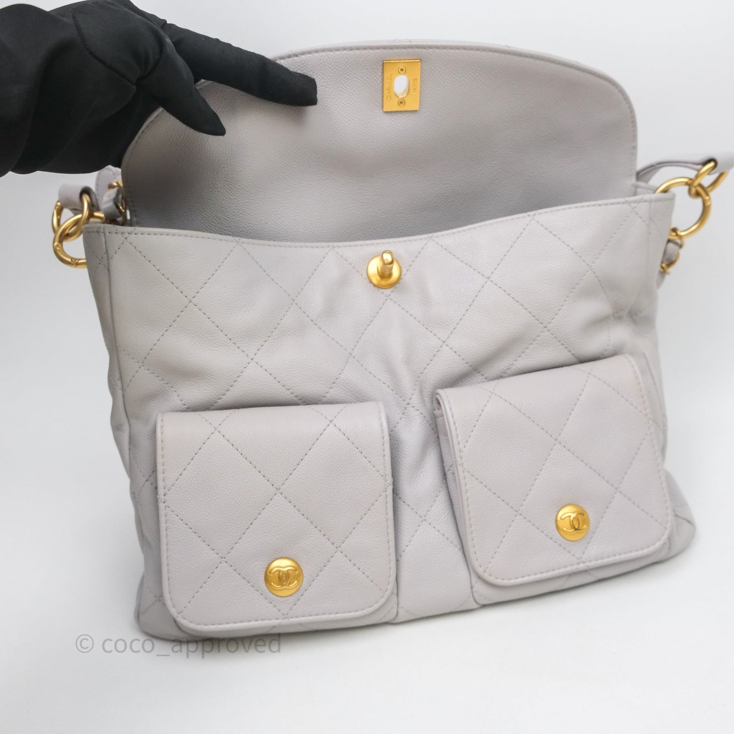 Chanel Double Pocket Hobo Bag Grey Caviar Aged Gold Hardware