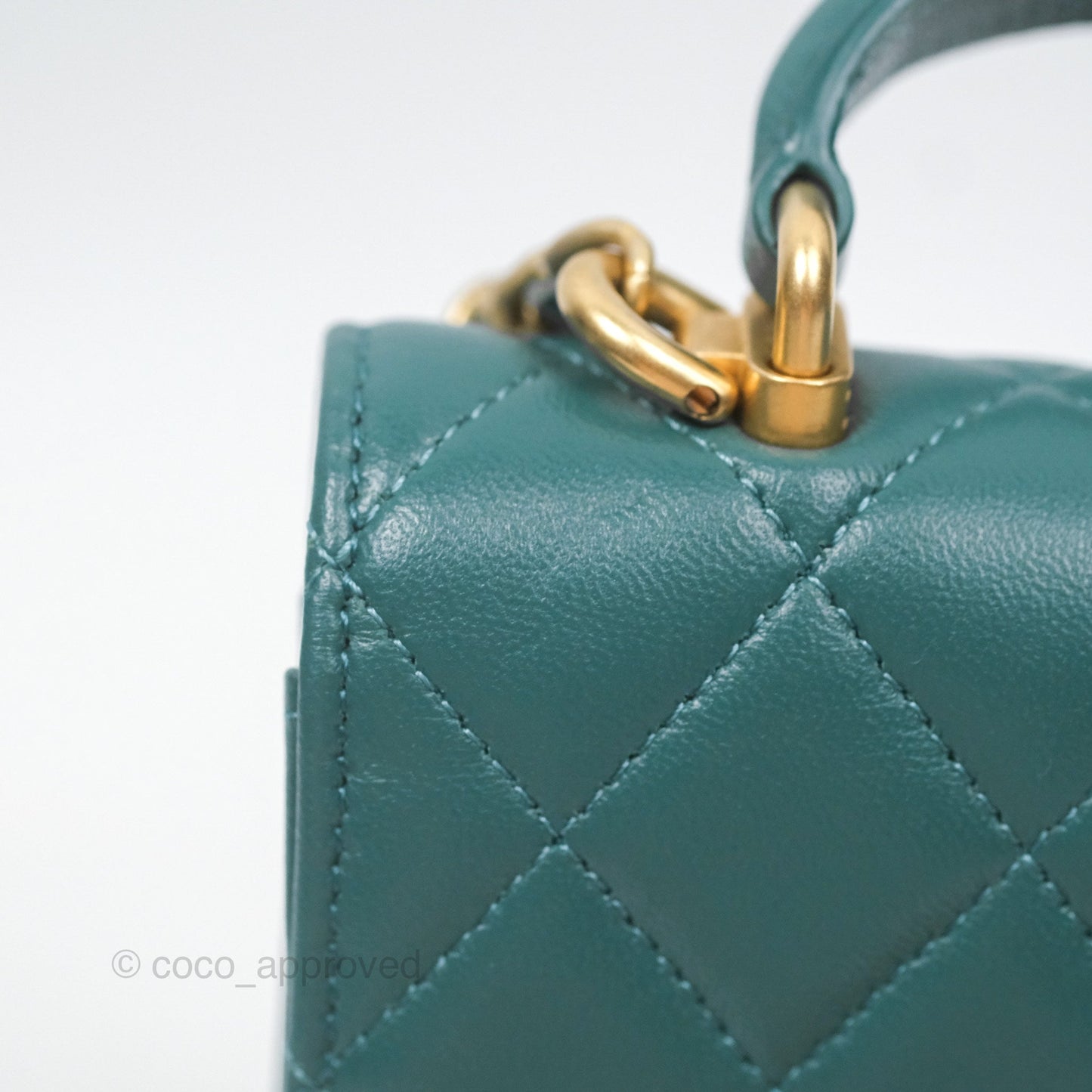 Chanel Mini Handle Clutch With Chain Green Lambskin Aged Gold Hardware