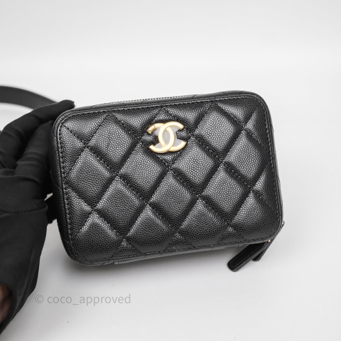 Chanel Quilted CC Coins Purse Chain Camera Case Black Caviar Aged Gold Hardware