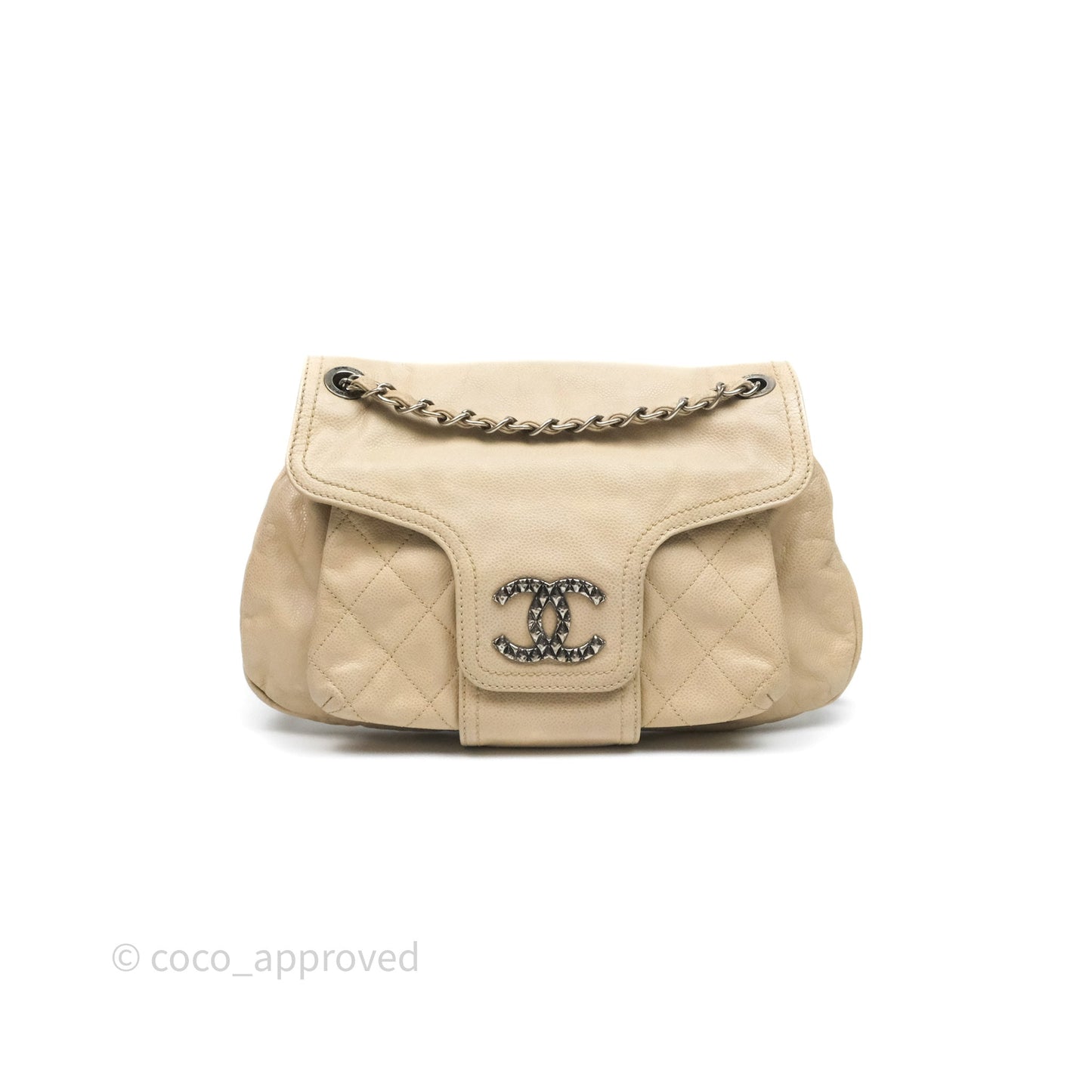 Chanel Quilted Coco Rider Hobo Bag Beige Caviar Ruthenium Hardware