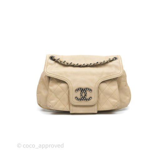 Chanel Quilted Coco Rider Hobo Bag Beige Caviar Ruthenium Hardware