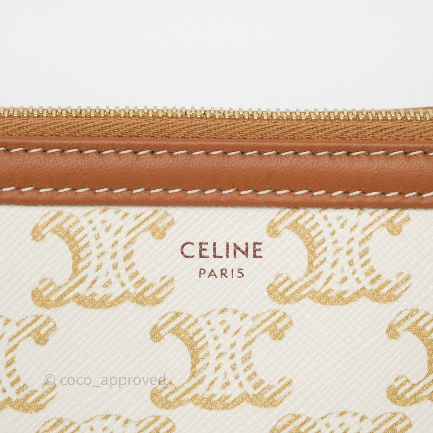 Celine Clutch With Chain Triomphe Canvas Lambskin White/Tan