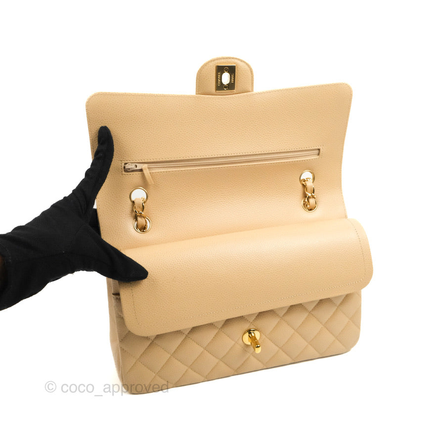 Chanel Quilted Classic M/L Medium Flap Beige Caviar Gold Hardware
