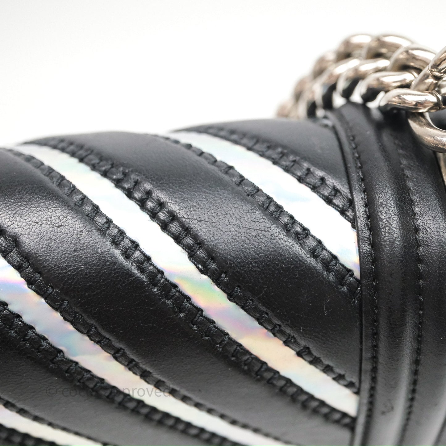Chanel Medium Boy Chevron Iridescent PVC Lambskin Black Silver Hardware