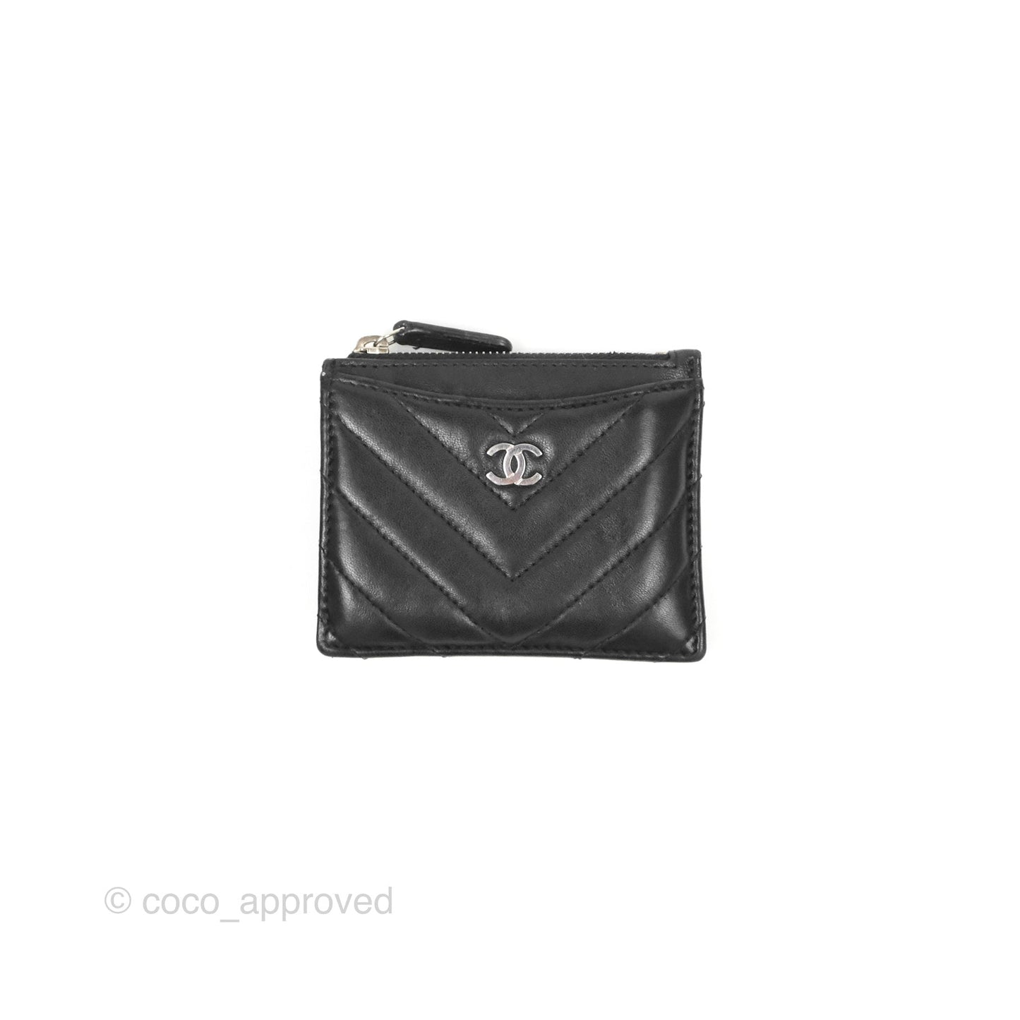 Chanel Chevron CC Zipped Card Holder Black Lambskin Silver Hardware