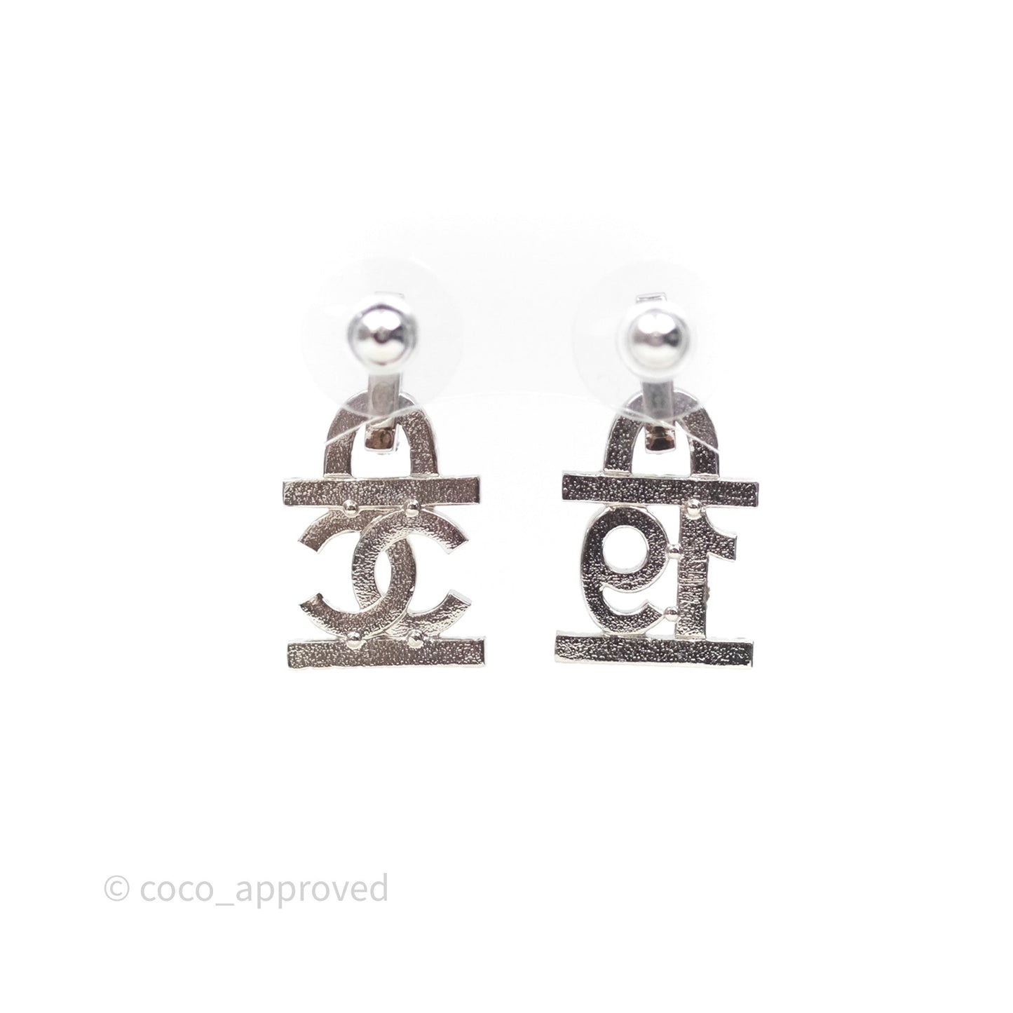 Chanel Crystal 19 CC Lock Earrings Silver Tone 22A