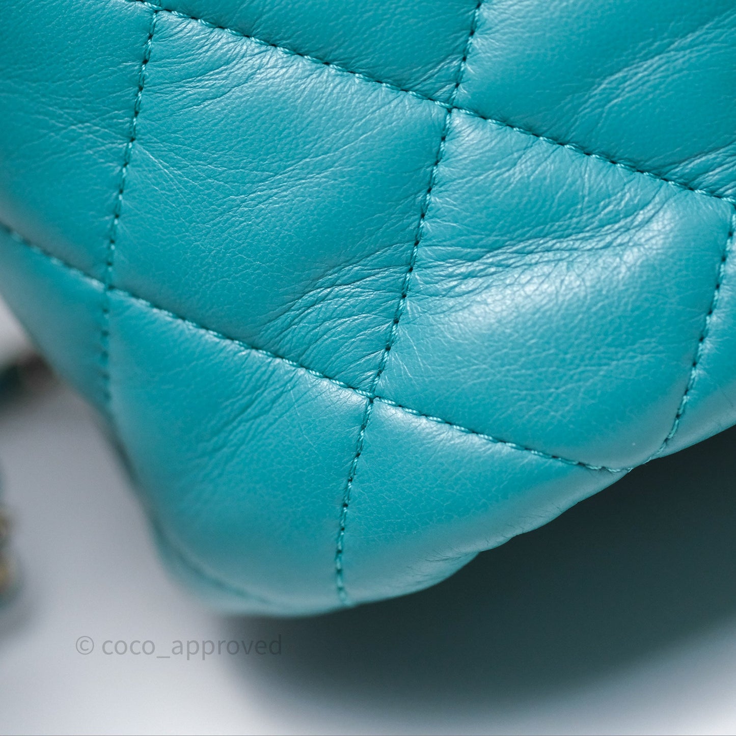 Chanel Pearl CC Drawstring Bucket Bag Teal Green Lambskin Gold Hardware