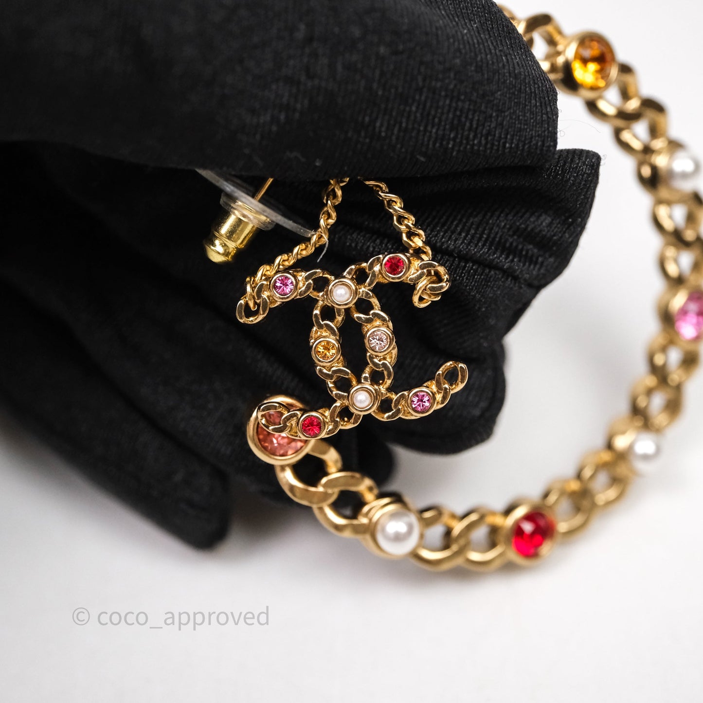 Chanel CC Pearl Crystal Hoop Earrings Gold Tone 21P
