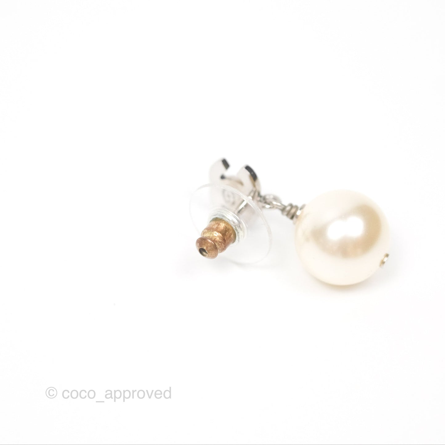 Chanel Crystal CC Pearl Drop Earrings Silver Tone 21V