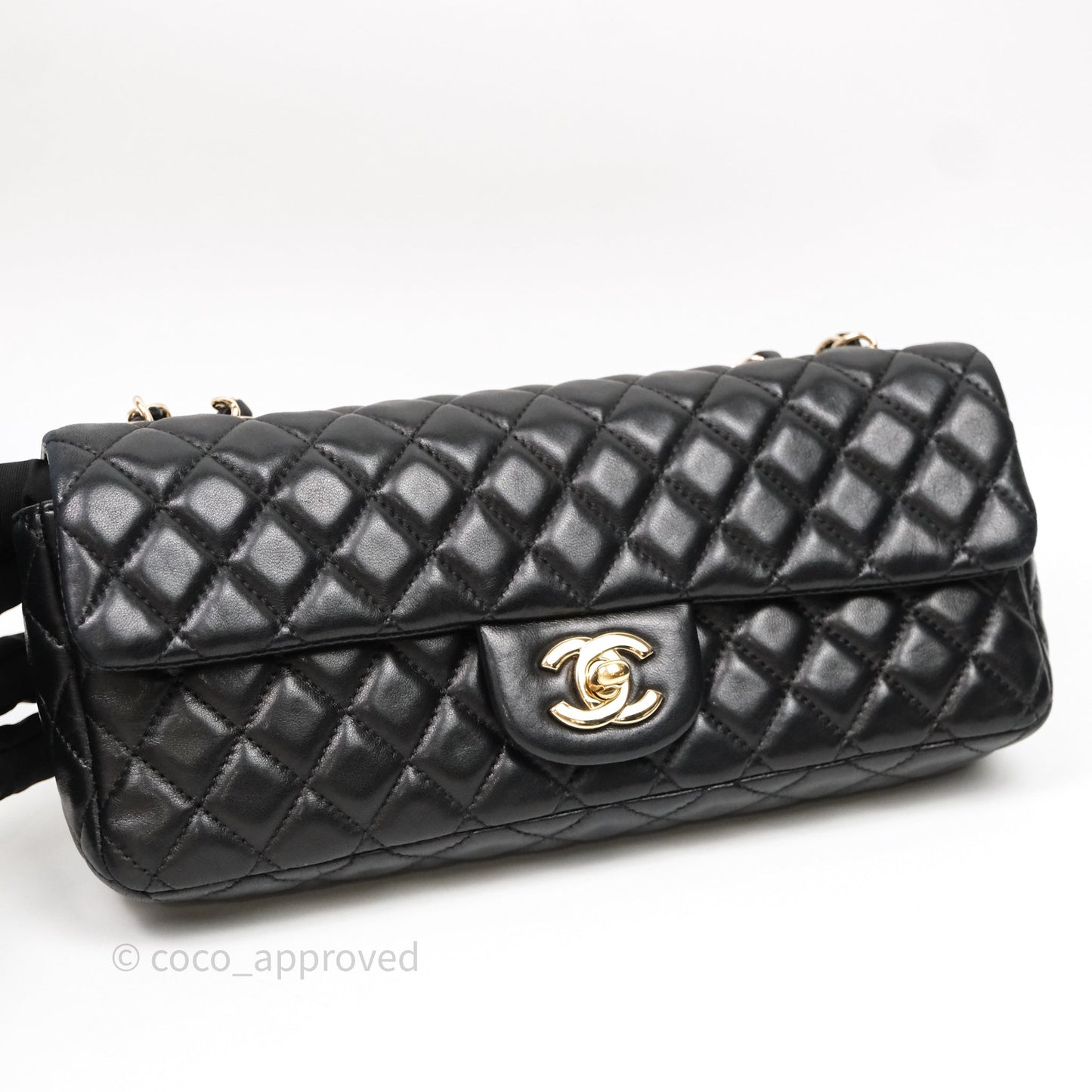 Chanel Quilted East West With Charm Flap Bag Lambskin Black Gold Hardware