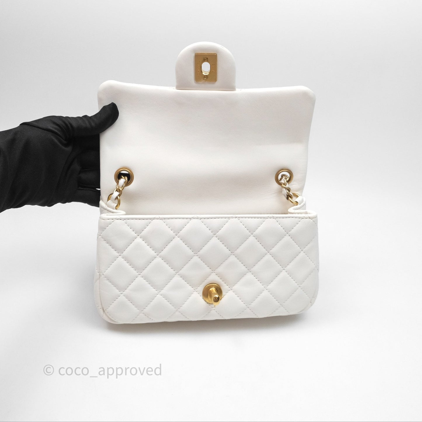 Chanel Mini Rectangular Pearl Crush Quilted White Lambskin Aged Gold Hardware