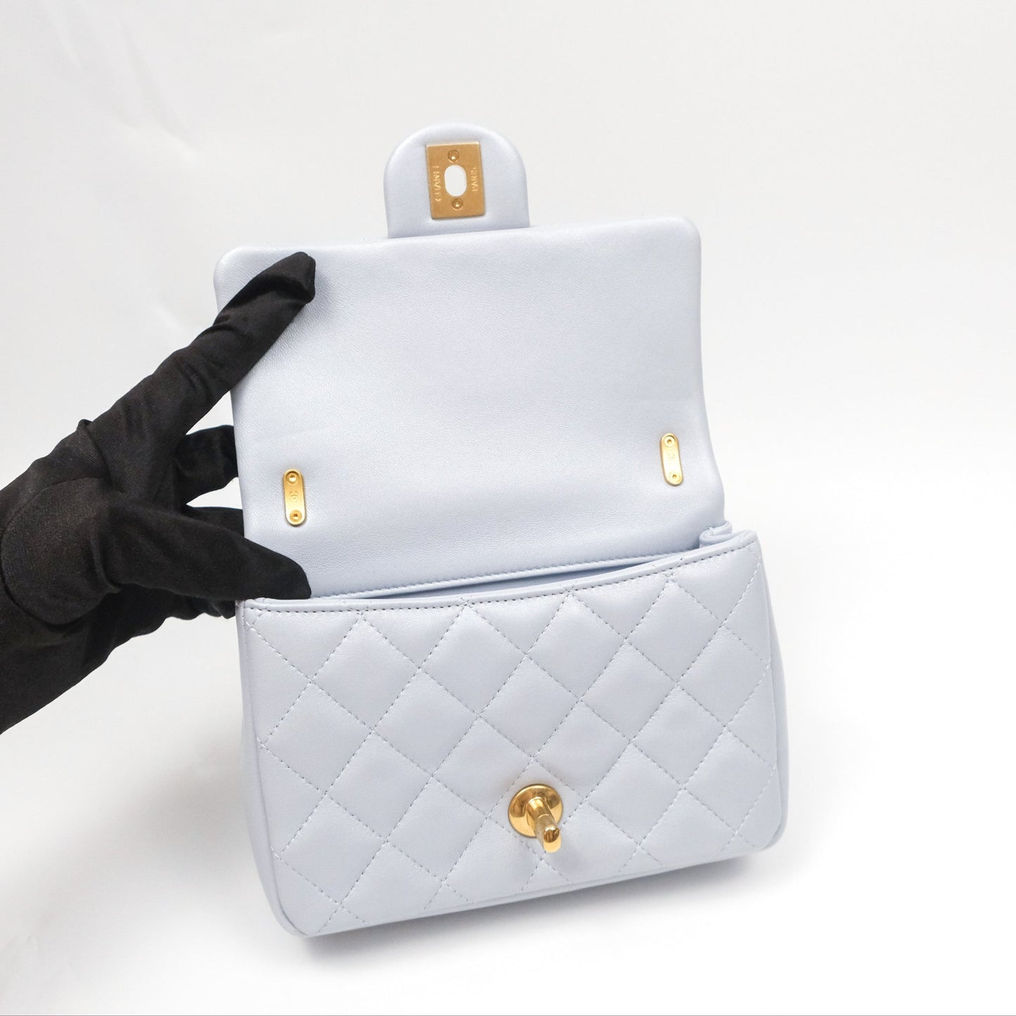 Chanel Pearl Chain Mini Flap Bag Pearly Light Blue Lambskin Aged Gold Hardware 24P