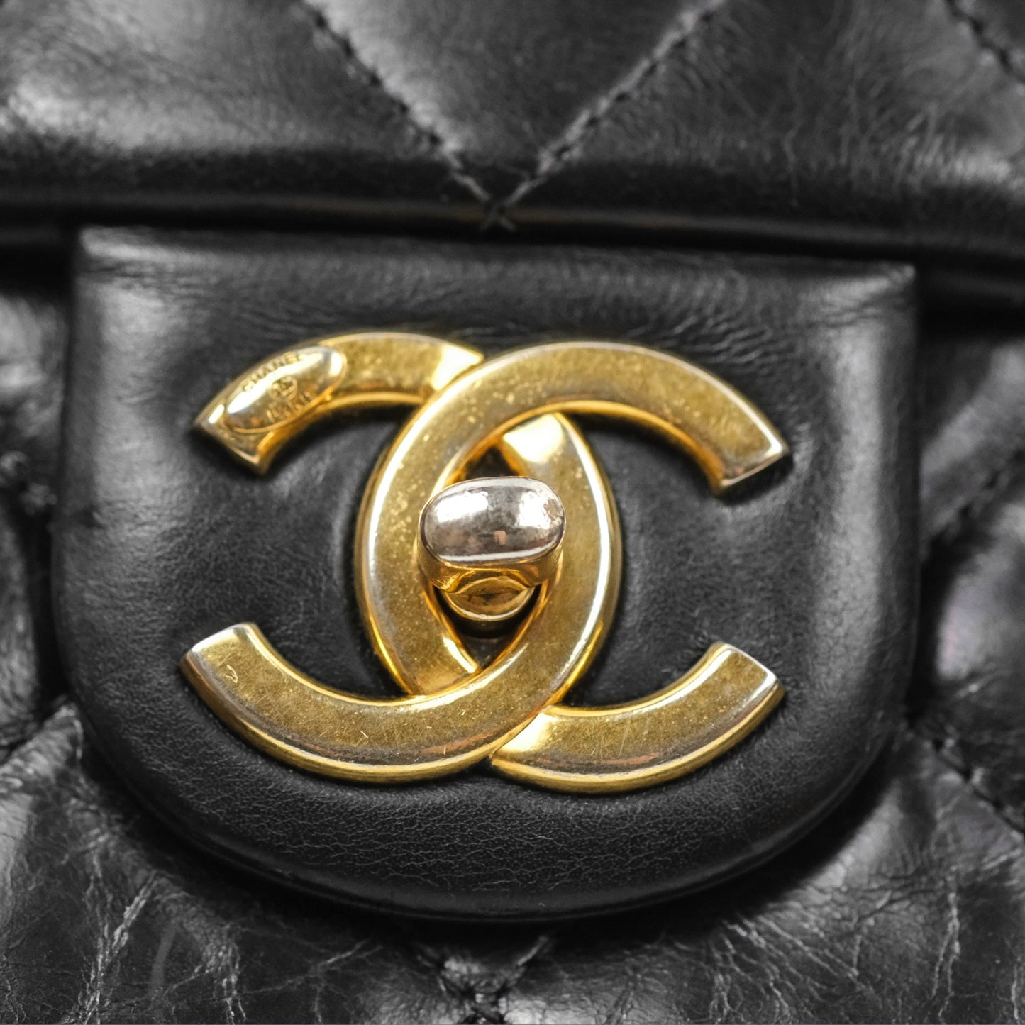 Chanel Gold Bar Top Handle Shoulder Bag Black Glazed Aged Calfskin Aged Gold Hardware