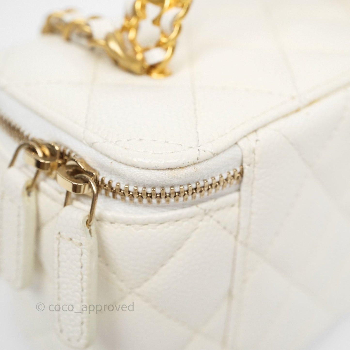Chanel Logo Top Handle Vanity Rectangular White Caviar Aged Gold Hardware