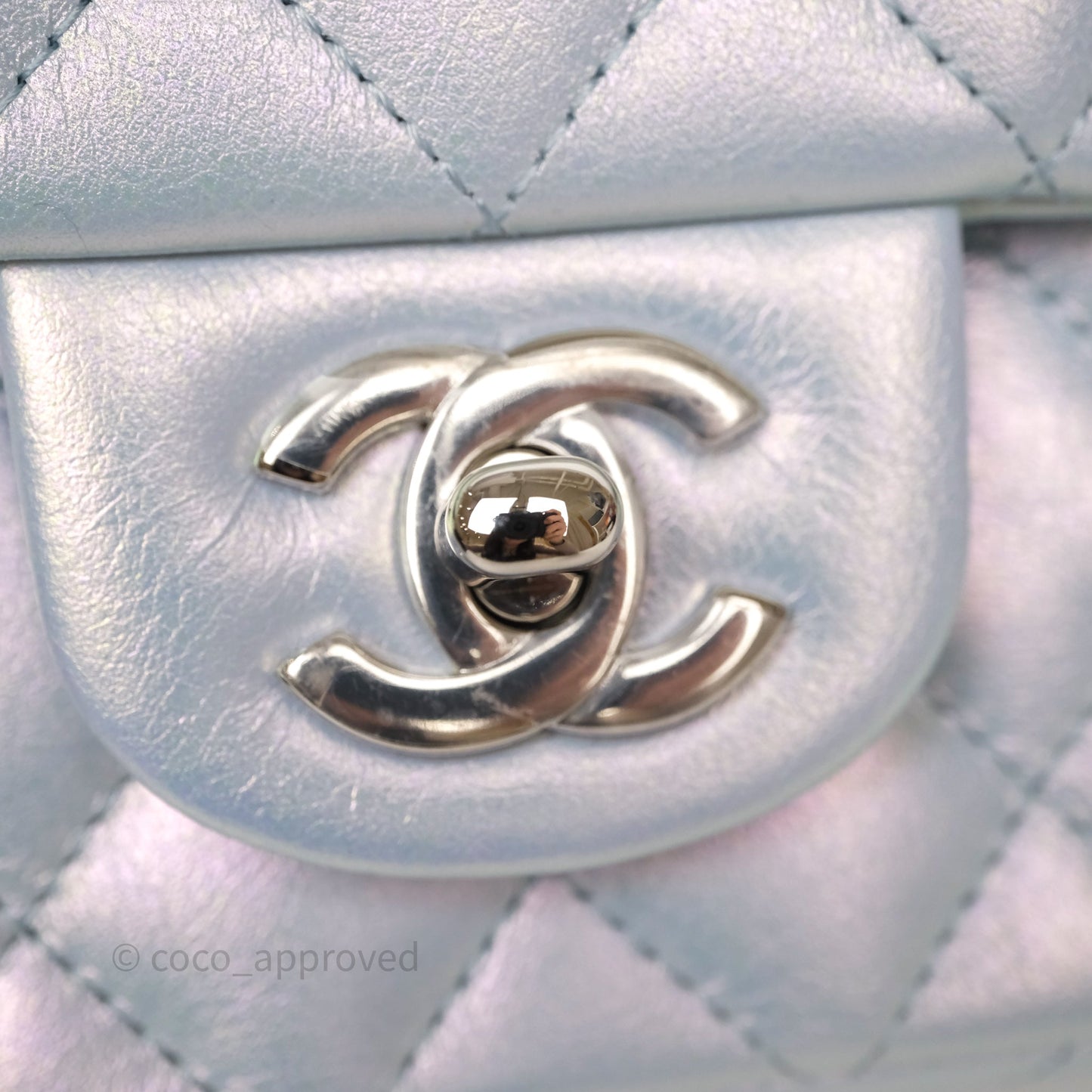 Chanel Mini Rectangular Bag Quilted Iridescent Icy Blue Silver Hardware