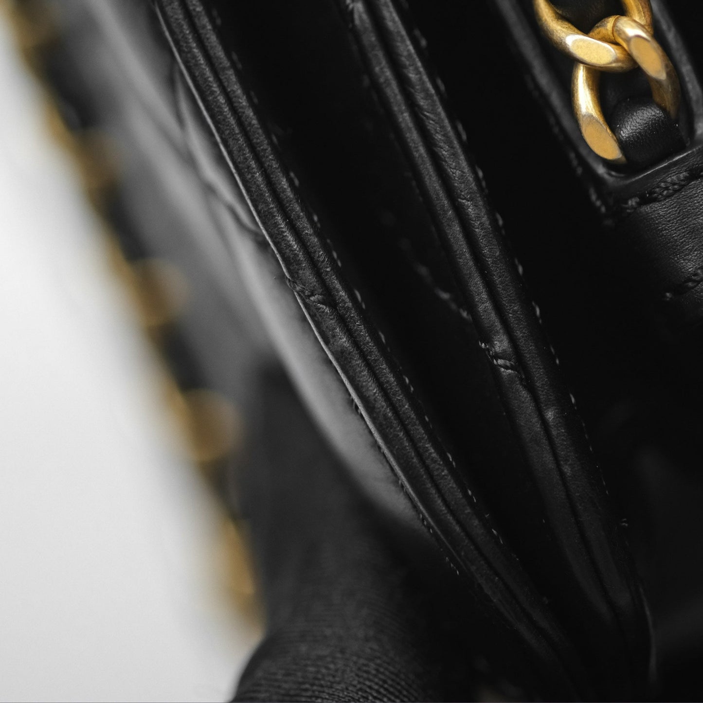 Chanel Quilted Side Chain Flap Bag Black Calfskin Aged Gold Hardware