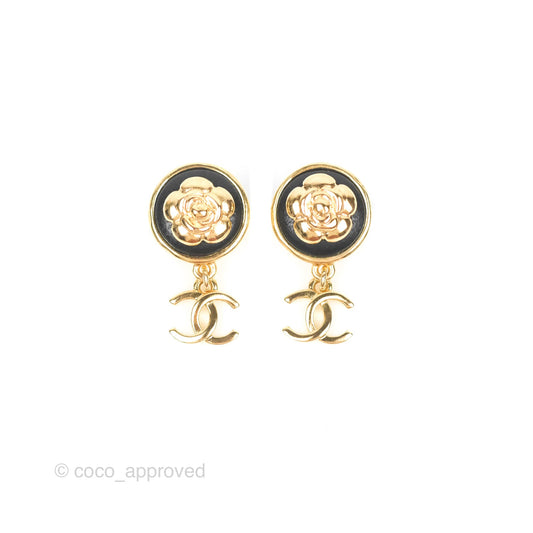 Chanel Black Round Camellia CC Earrings Gold Tone 22A
