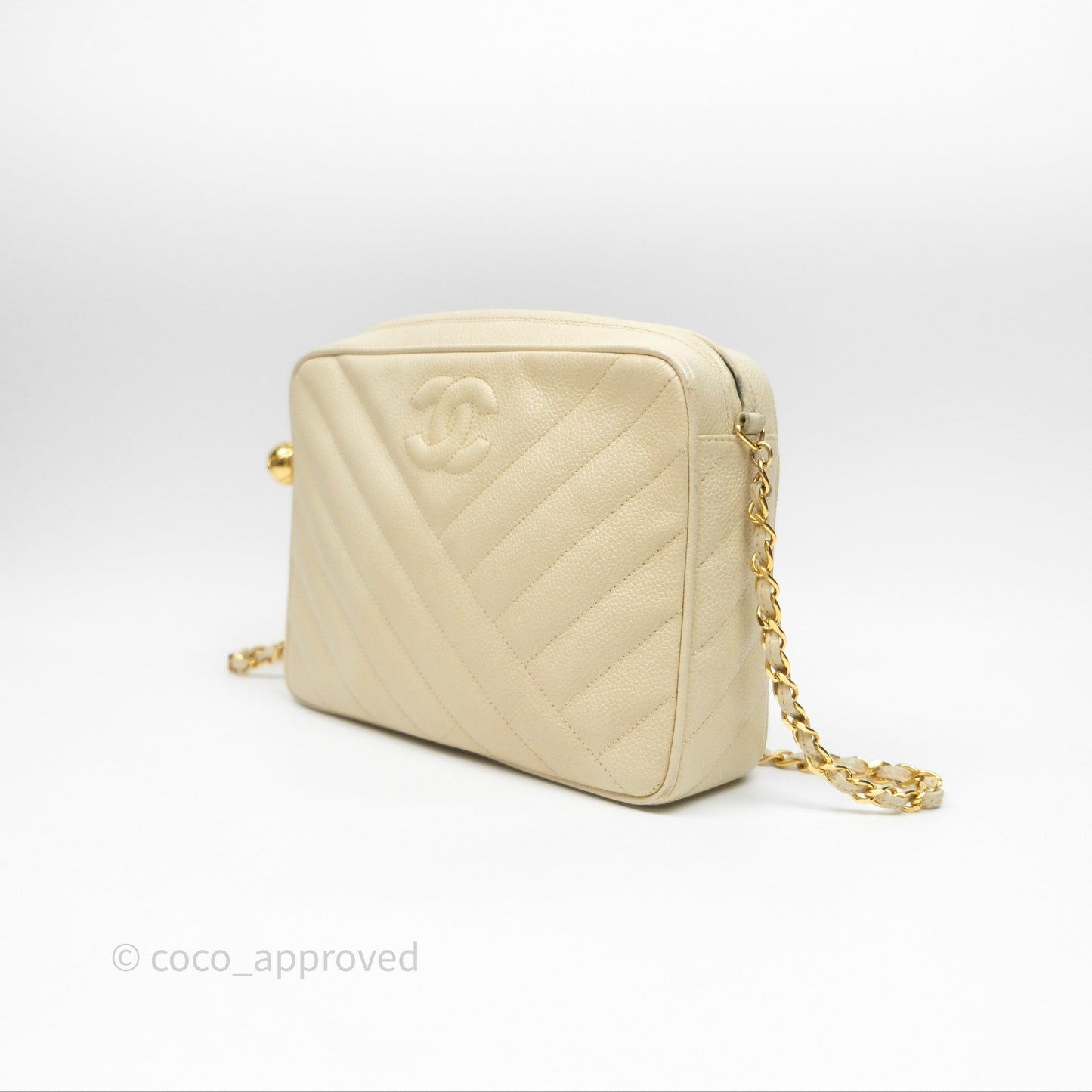 Chanel Vintage Chevron Camera Bag Light Beige Caviar Gold Hardware