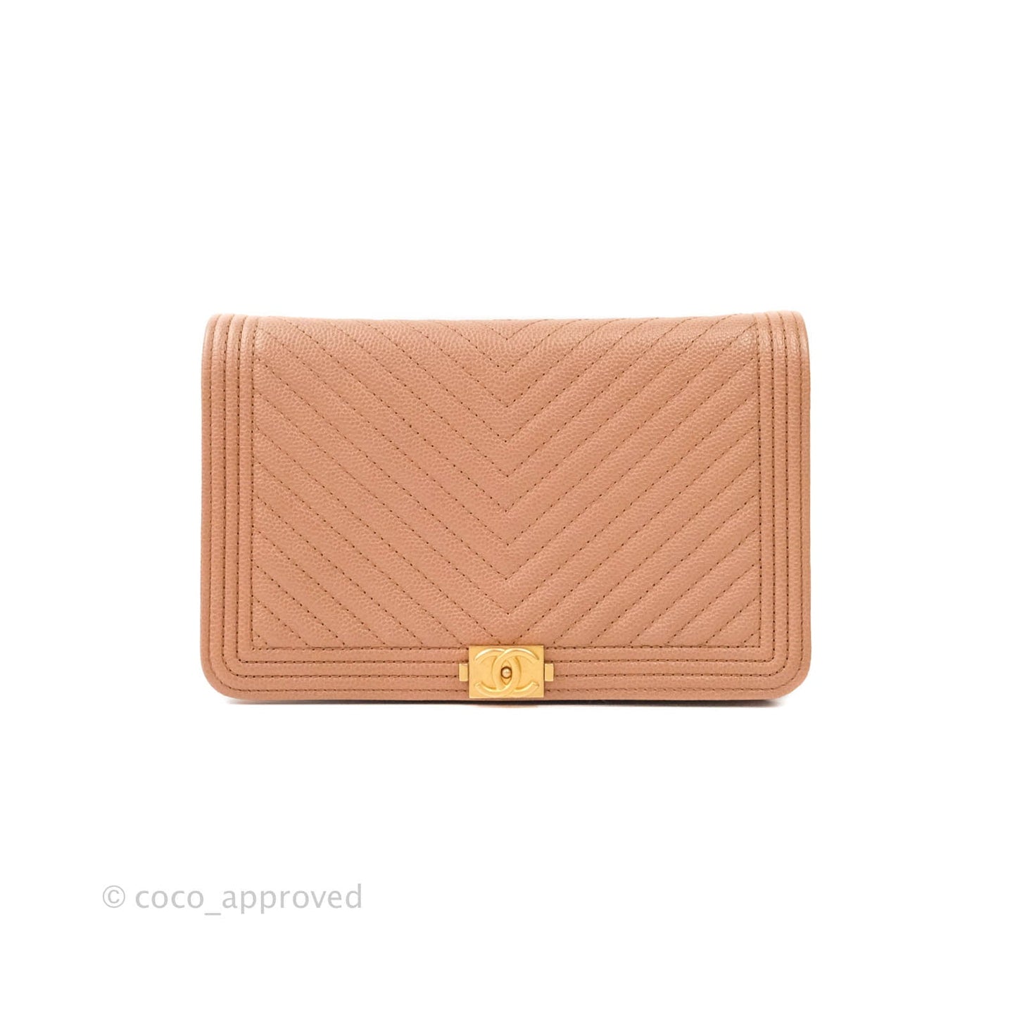 Chanel Chevron Boy Wallet on Chain WOC Dark Beige Caviar Antique Gold Hardware