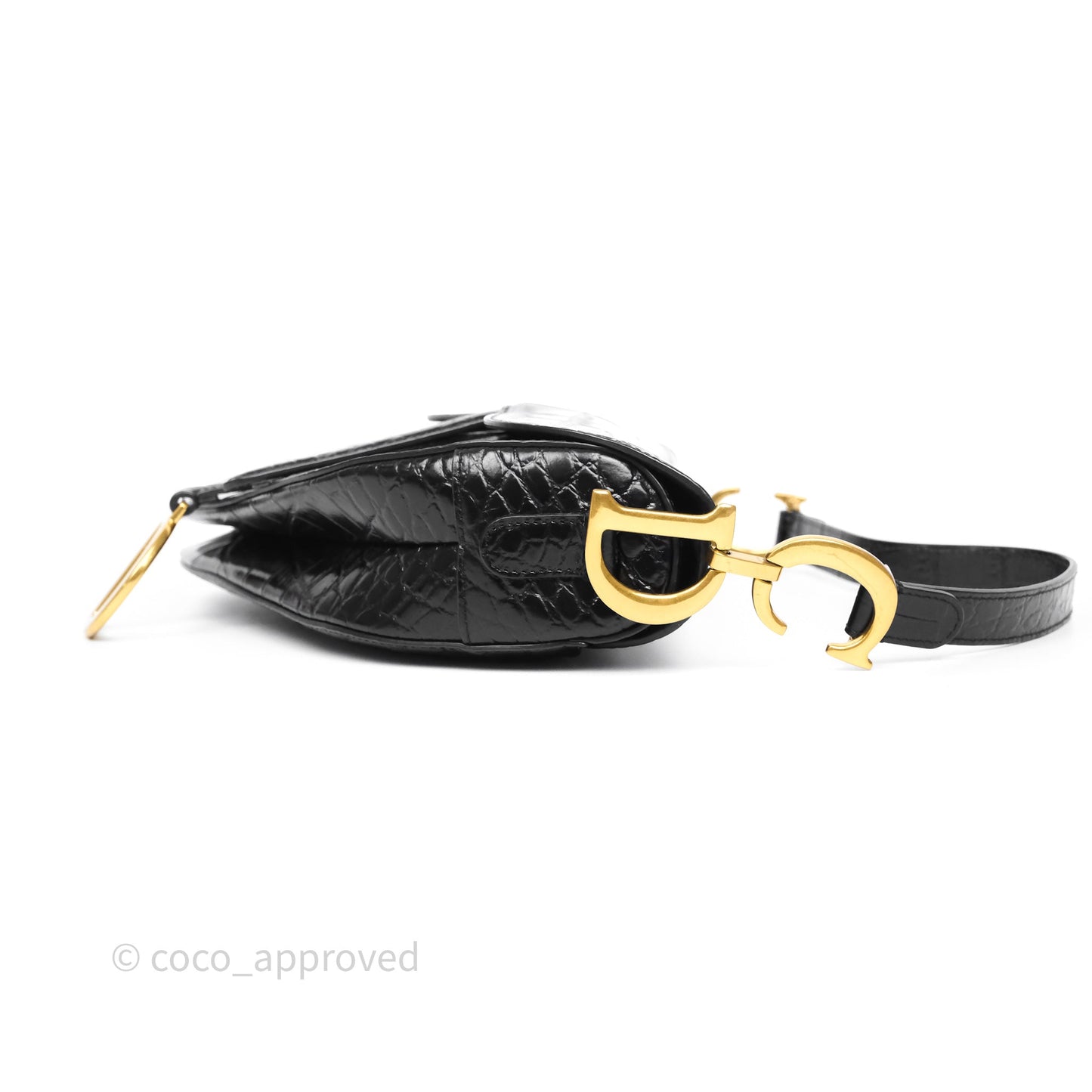 Christian Dior Saddle Bag Black Shiny Crocodile Gold Hardware