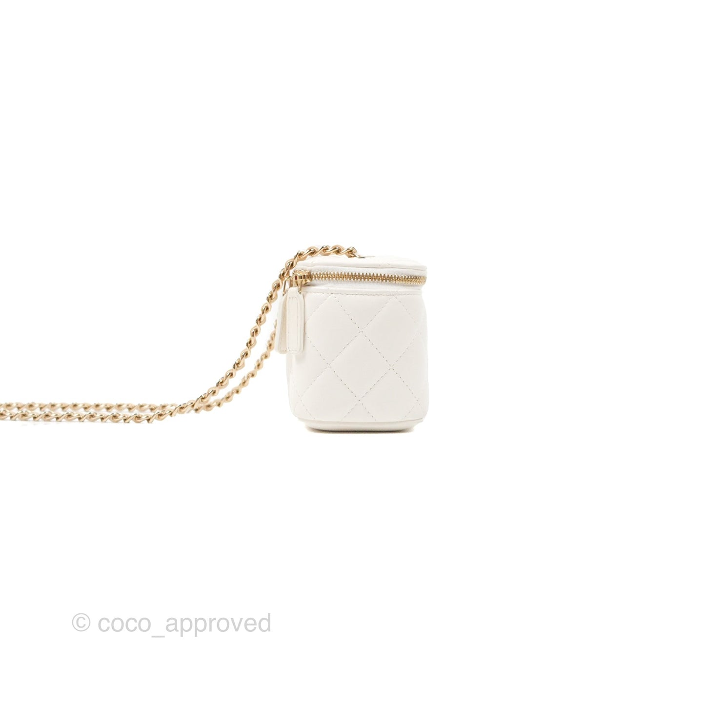 Chanel Camellia White Quilted Lambskin Mini Vanity with Chain Gold Hardware