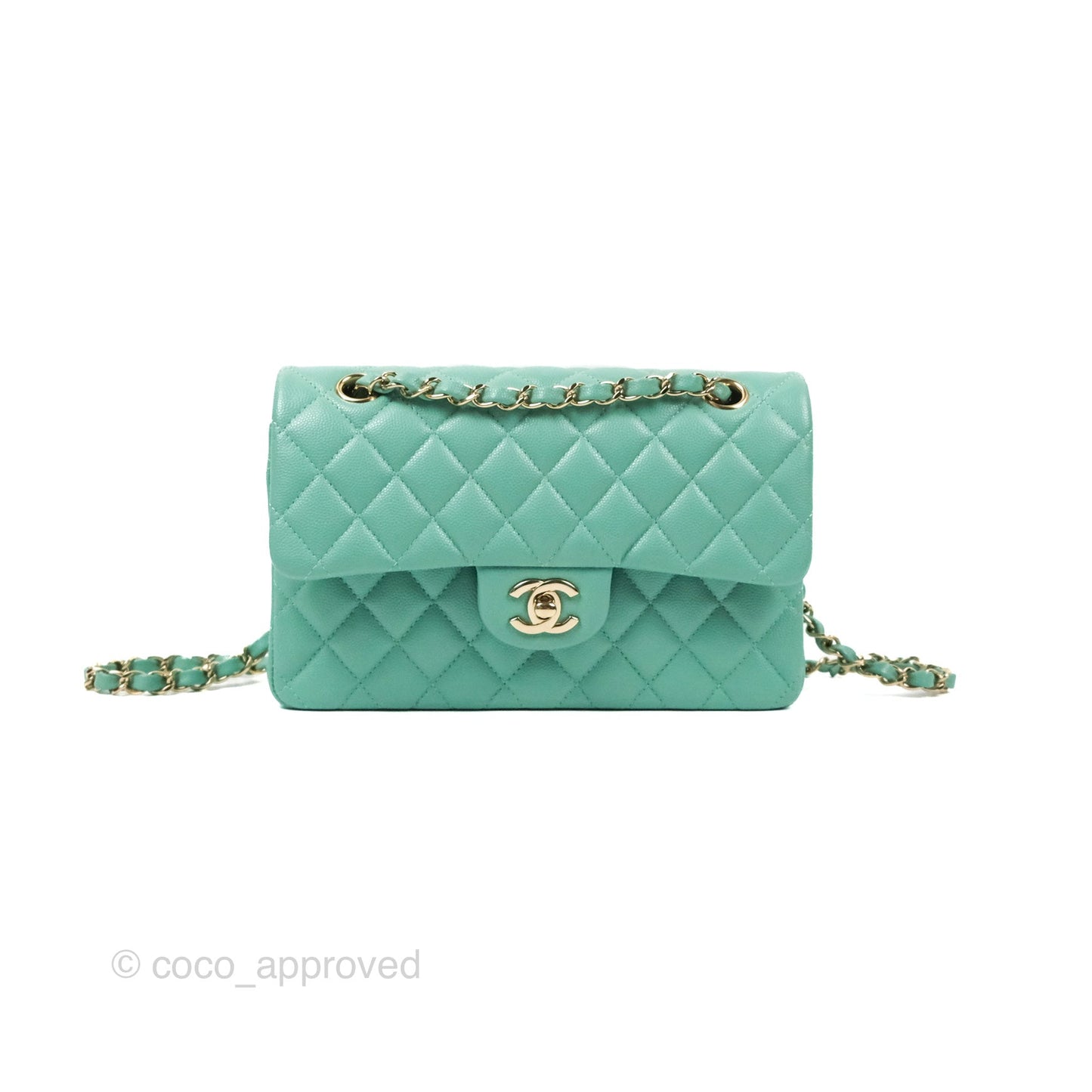 Chanel Small Classic Quilted Flap Tiffany Green Caviar Gold Hardware