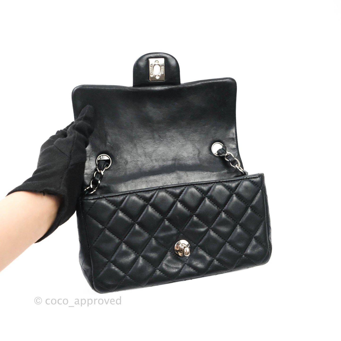 Chanel Classic Quilted Mini Rectangular Flap Black Lambskin Silver Hardware