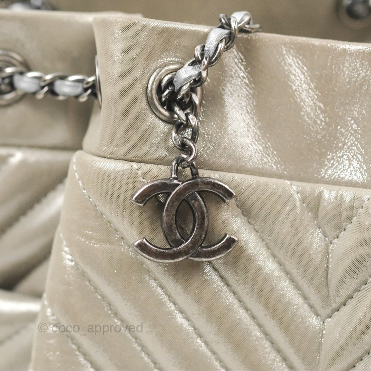 Chanel Small Urban Spirit Drawstring Bag Chevron Iridescent Silver Calfskin