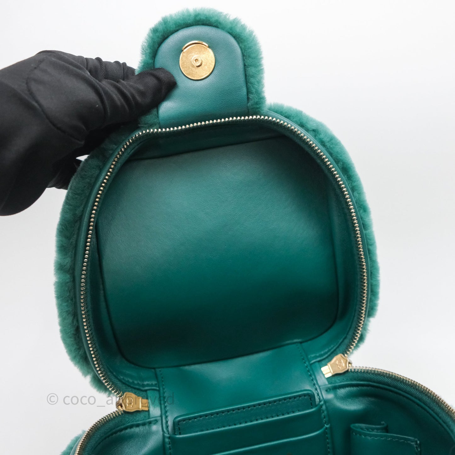 Chanel Small Vanity Case Green Shearling Aged Gold Hardware 22A