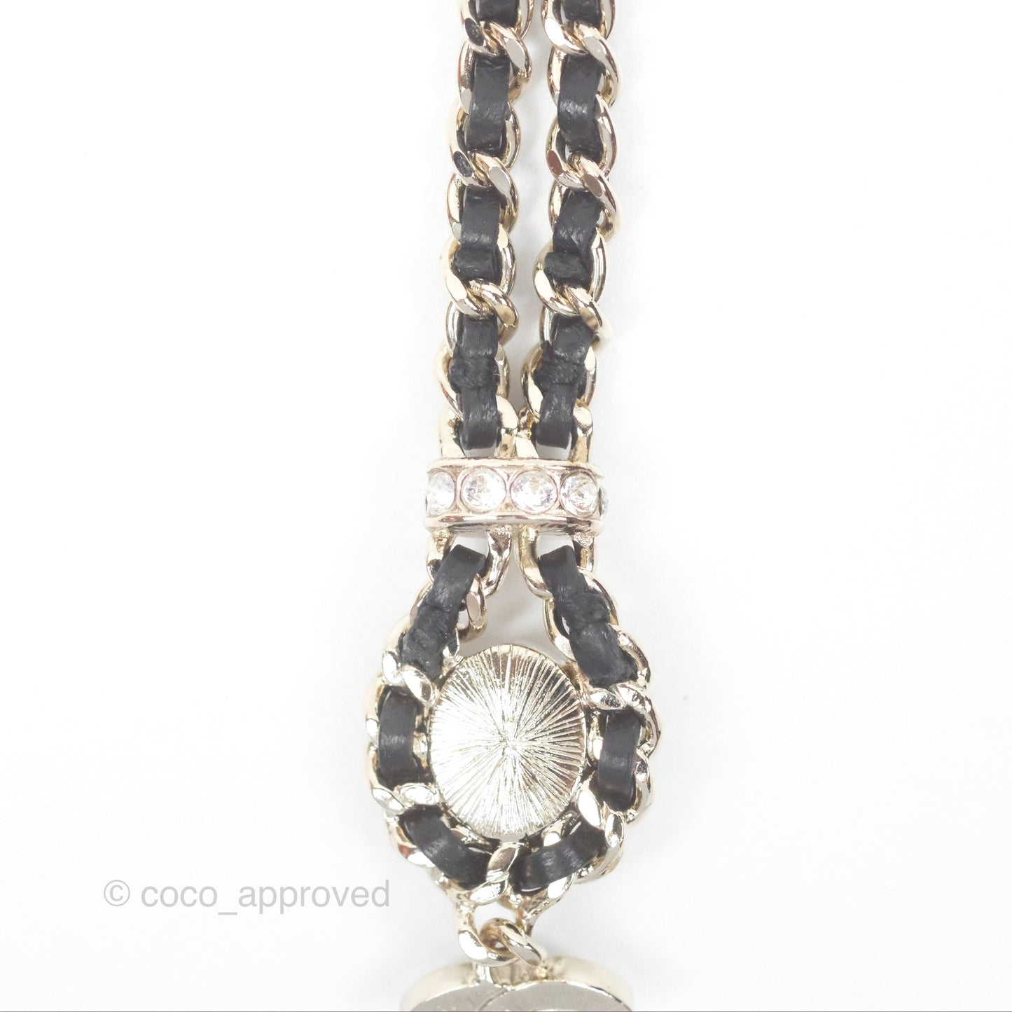 Chanel Crystal CC Pearl Braided Black Leather Drop Necklace Gold Tone 21B