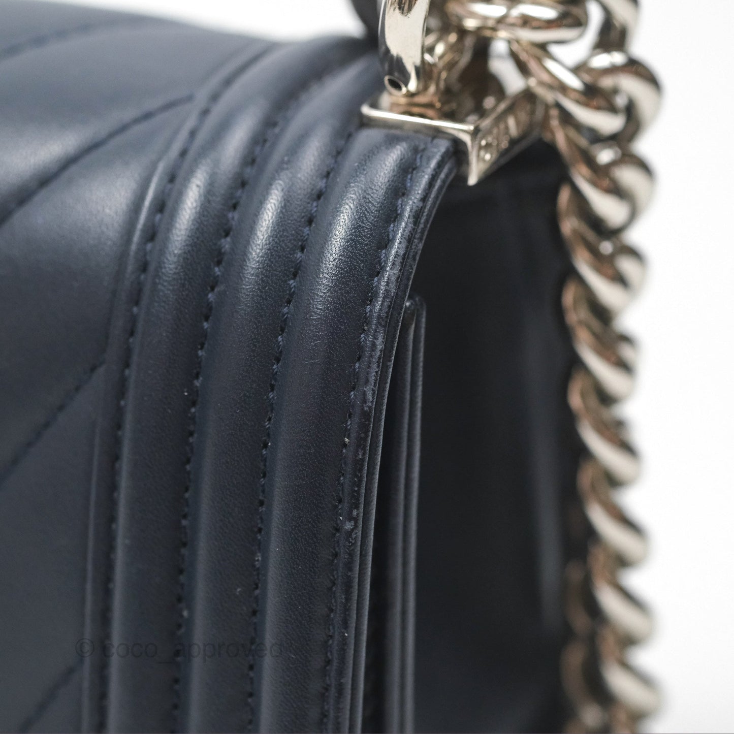 Chanel Small Chevron Boy Navy Calfskin Silver Hardware