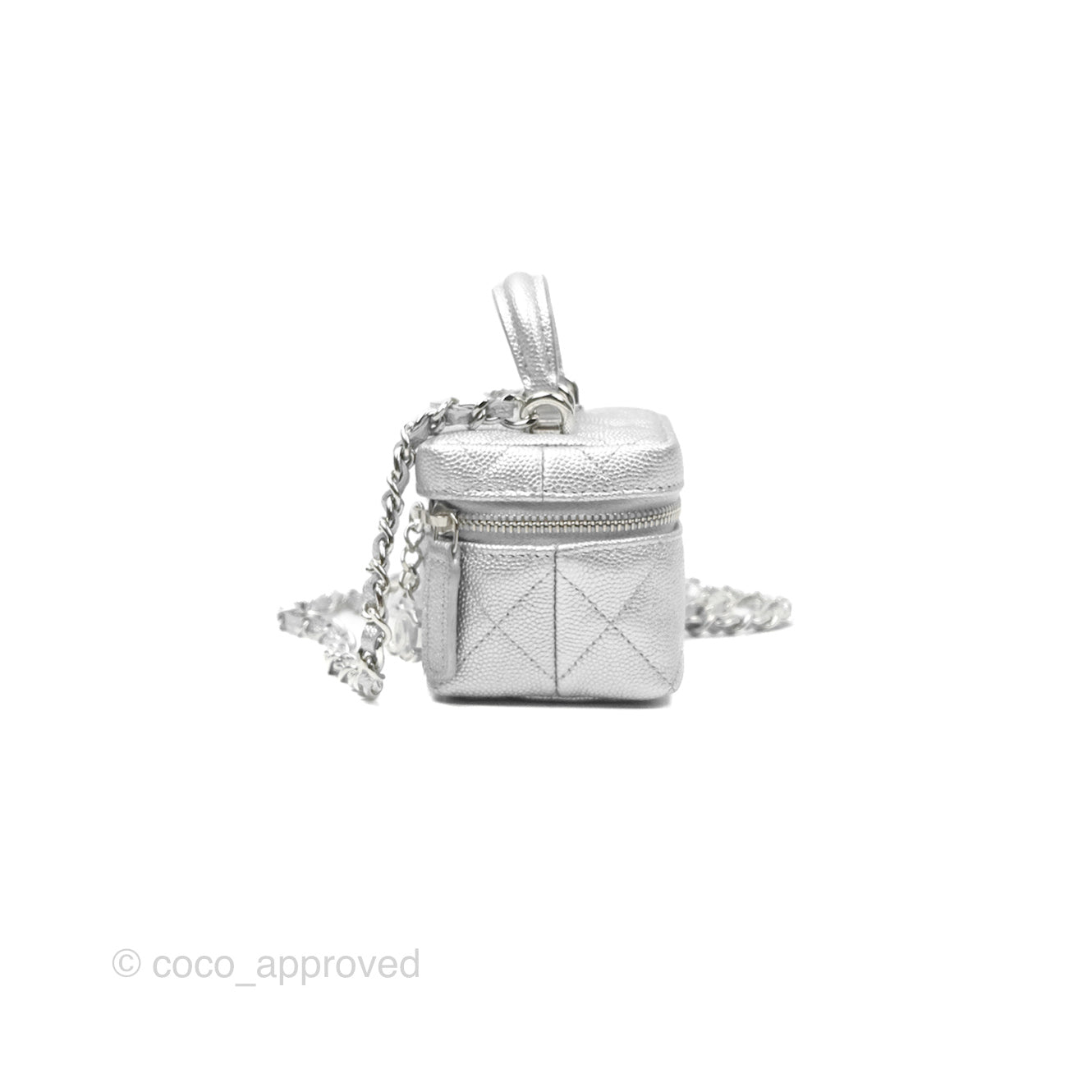 Chanel Quilted Mini Top Handle Vanity With Chain Metallic Silver Caviar Silver Hardware