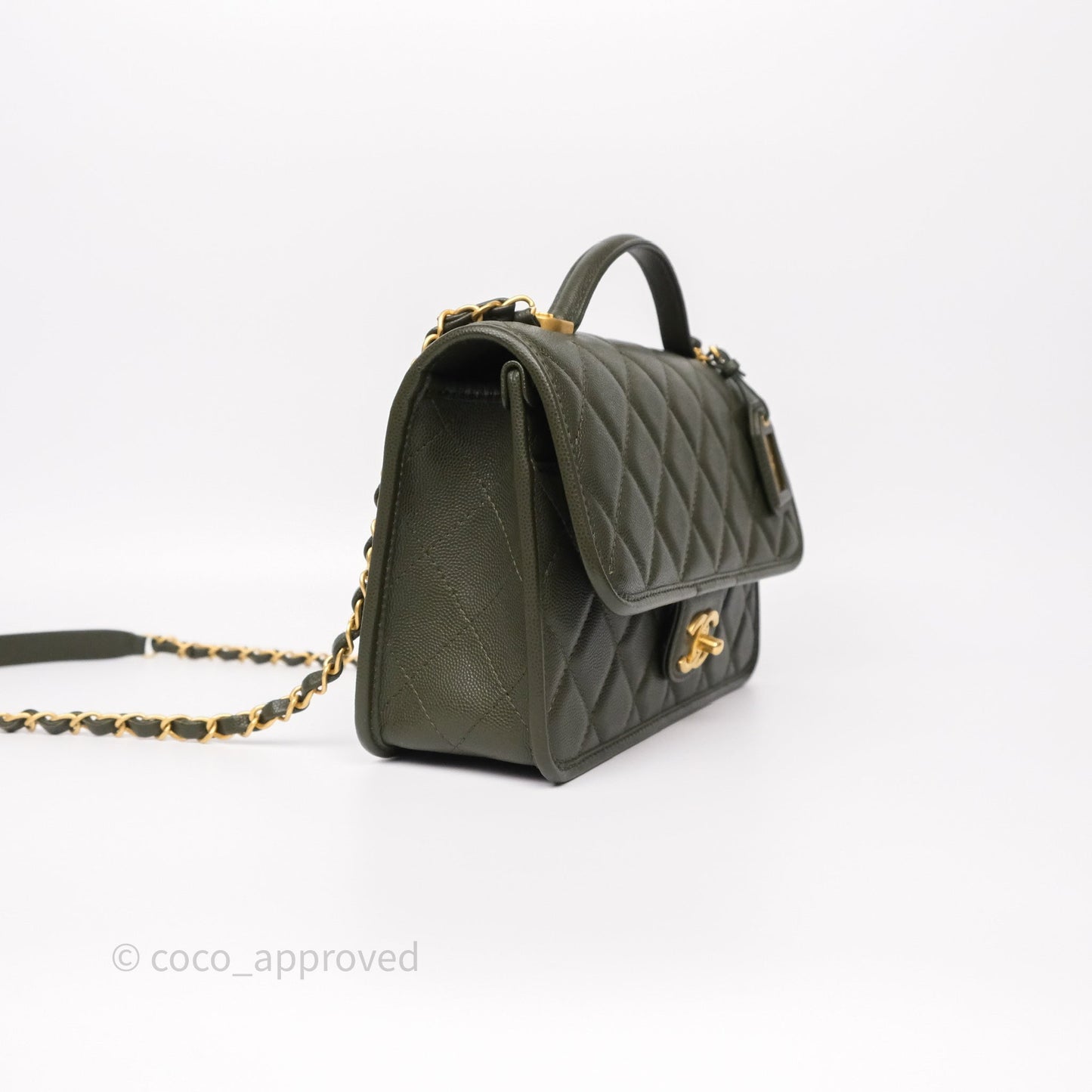 Chanel School Memory Top Handle Flap Army Green Caviar Aged Gold Hardware