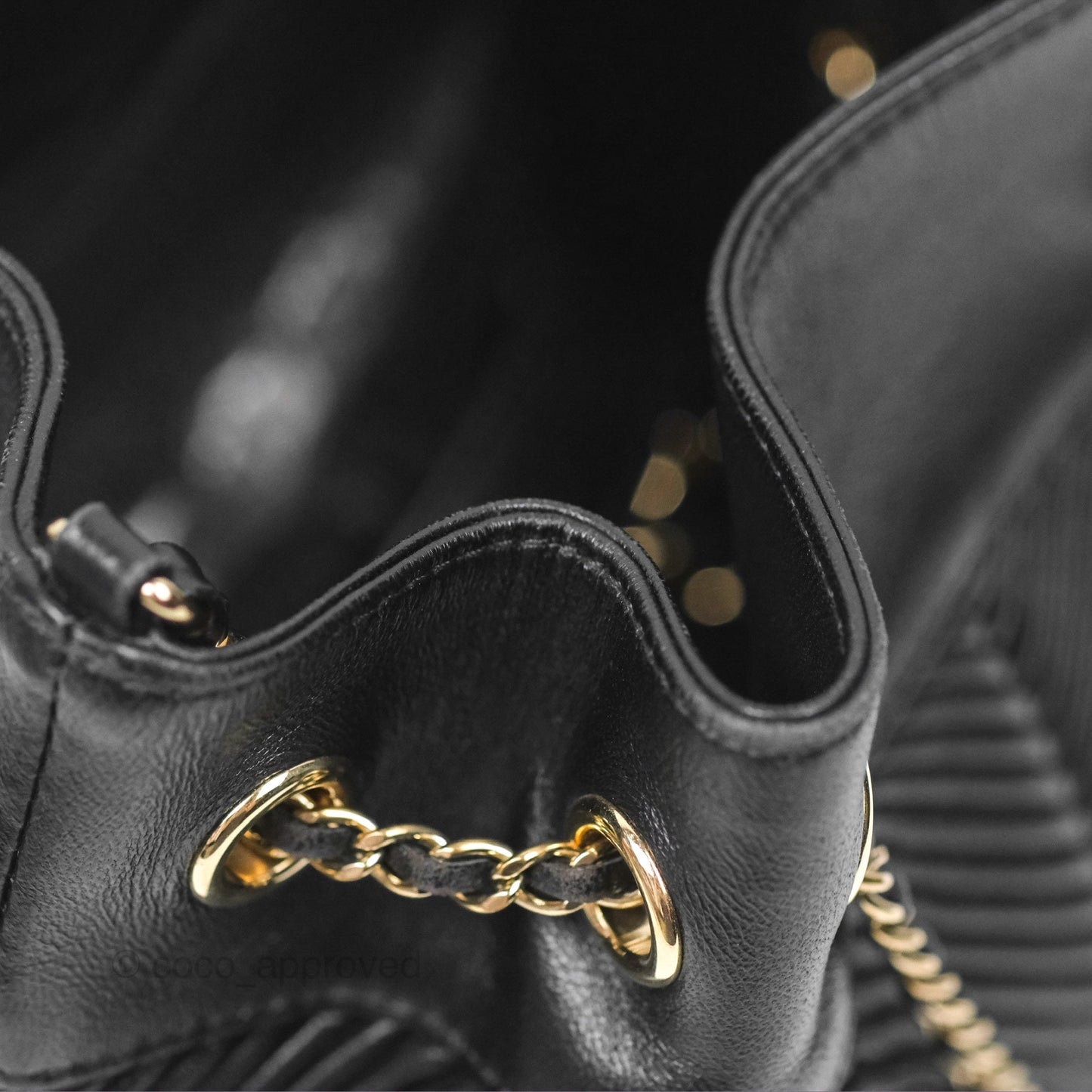 Chanel CC Chain Drawstring Bucket Bag Chevron Black Lambskin Gold Hardware