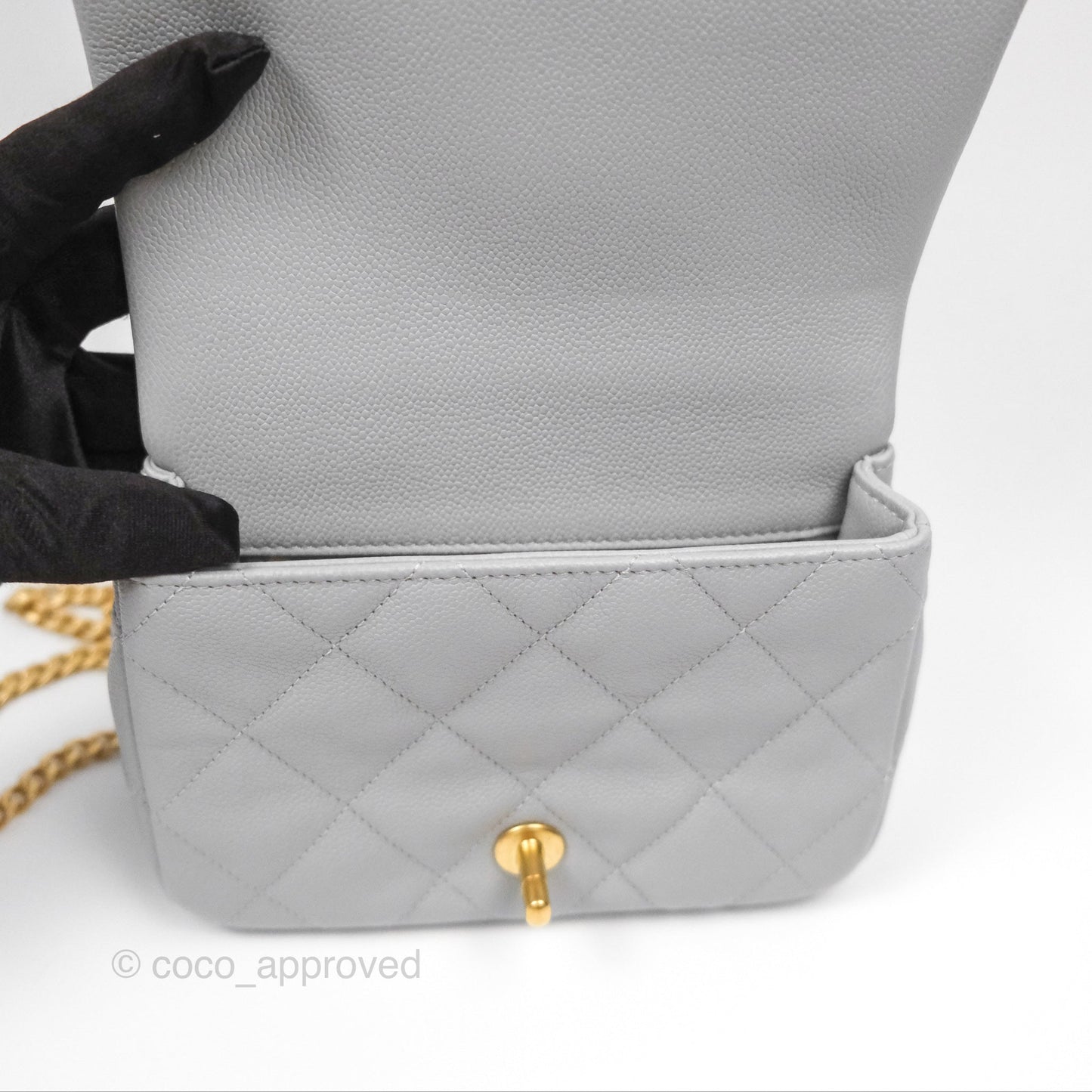 Chanel Mini Flap Bag Heart Adjustable Chain Grey Caviar Aged Gold Hardware