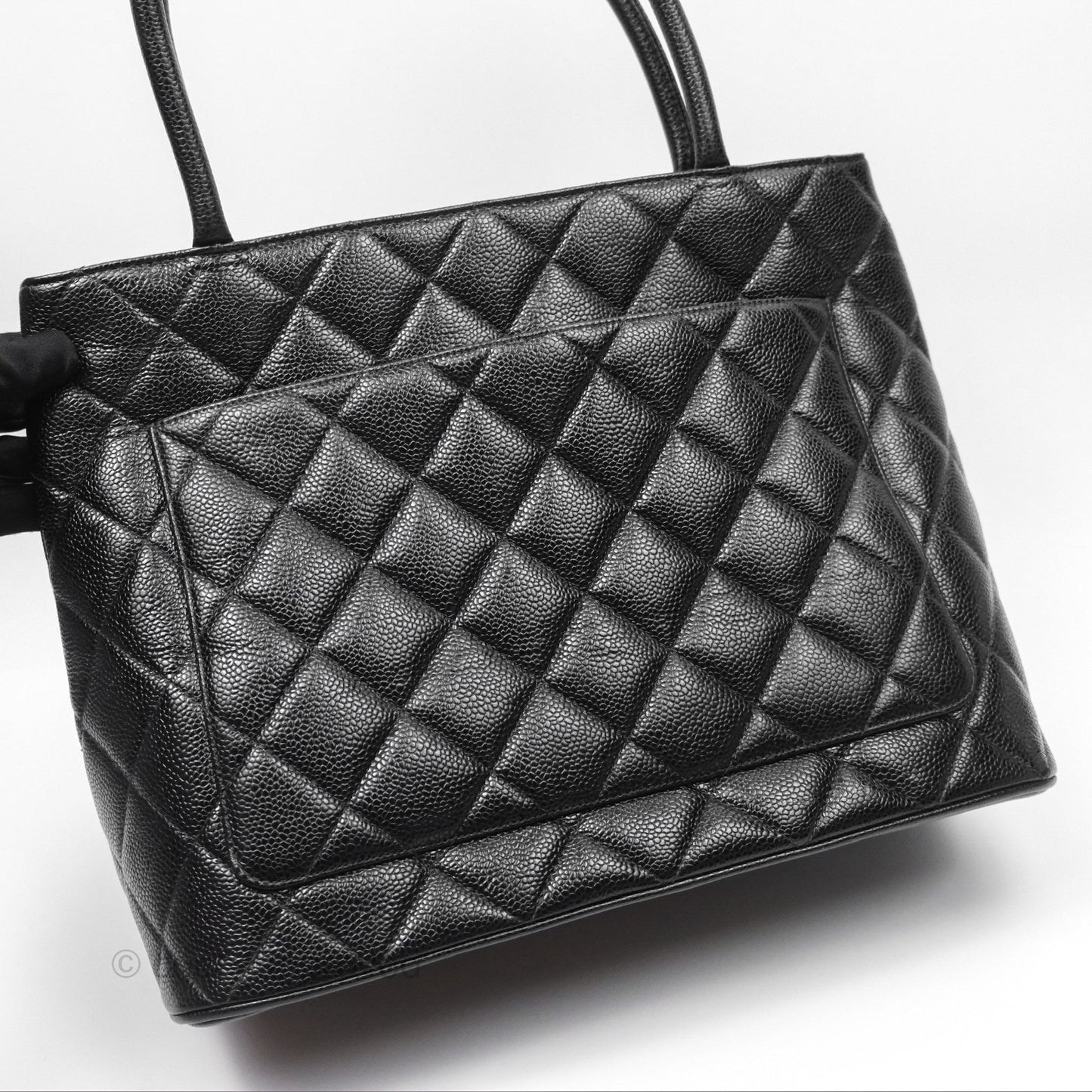 Chanel Vintage Medallion CC Black Caviar Tote Bag Silver Hardware