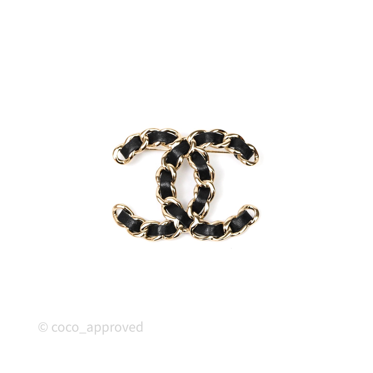 Chanel CC Braided Black Leather Brooch Gold Tone 22V