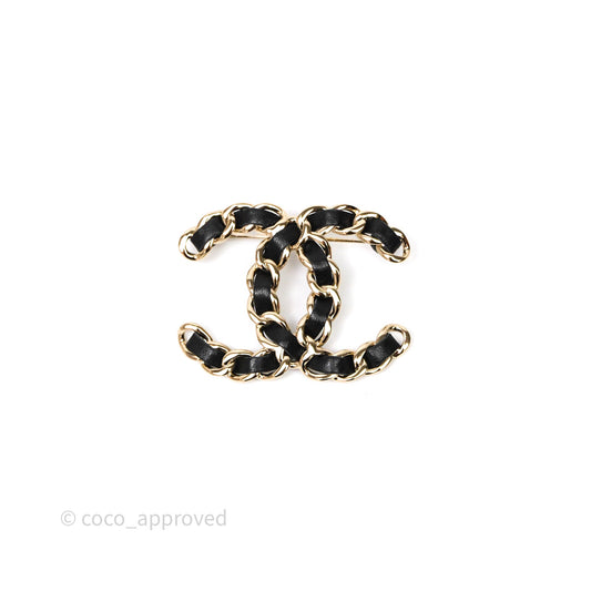 Chanel CC Braided Black Leather Brooch Gold Tone 22V