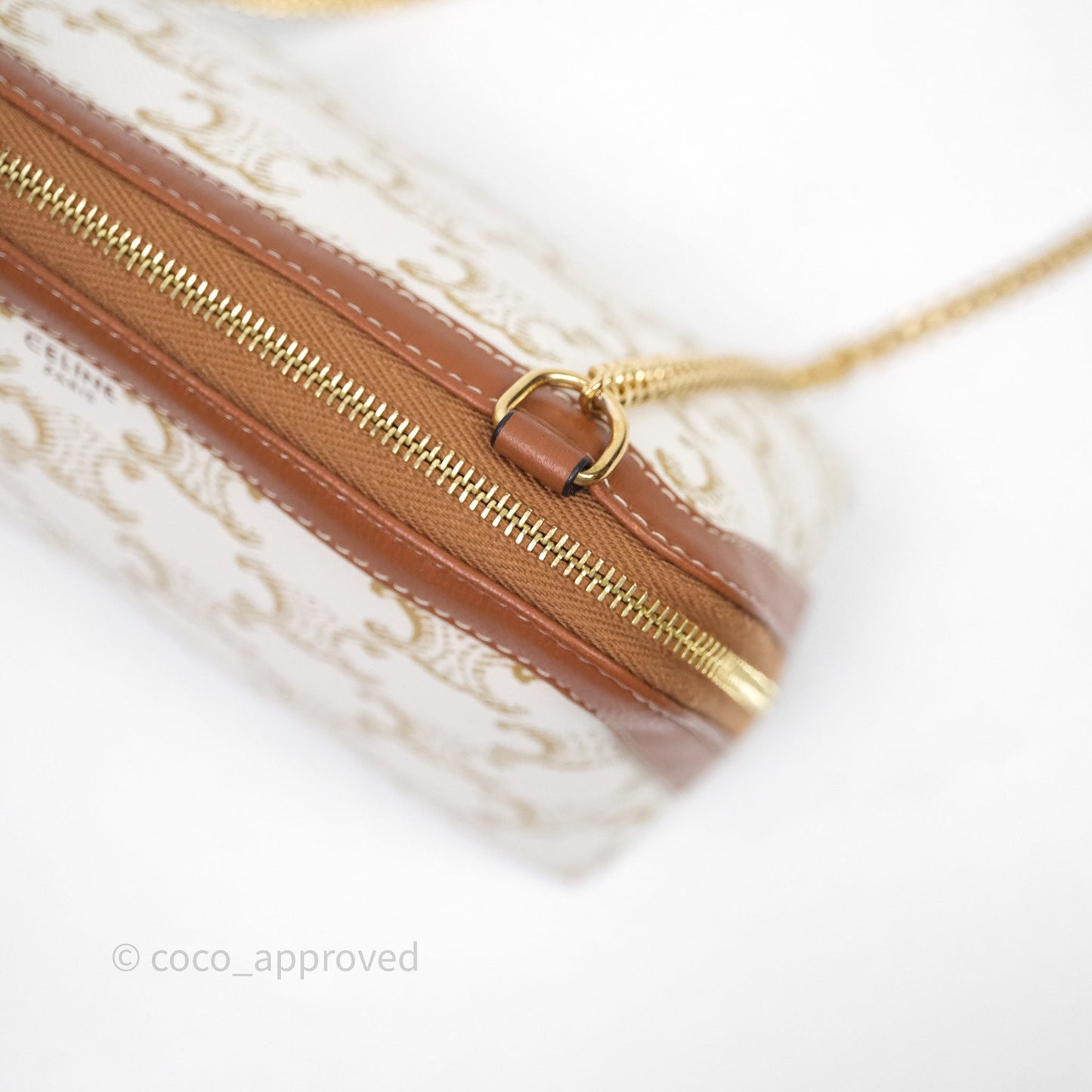 Celine Clutch With Chain Triomphe Canvas Lambskin White/Tan