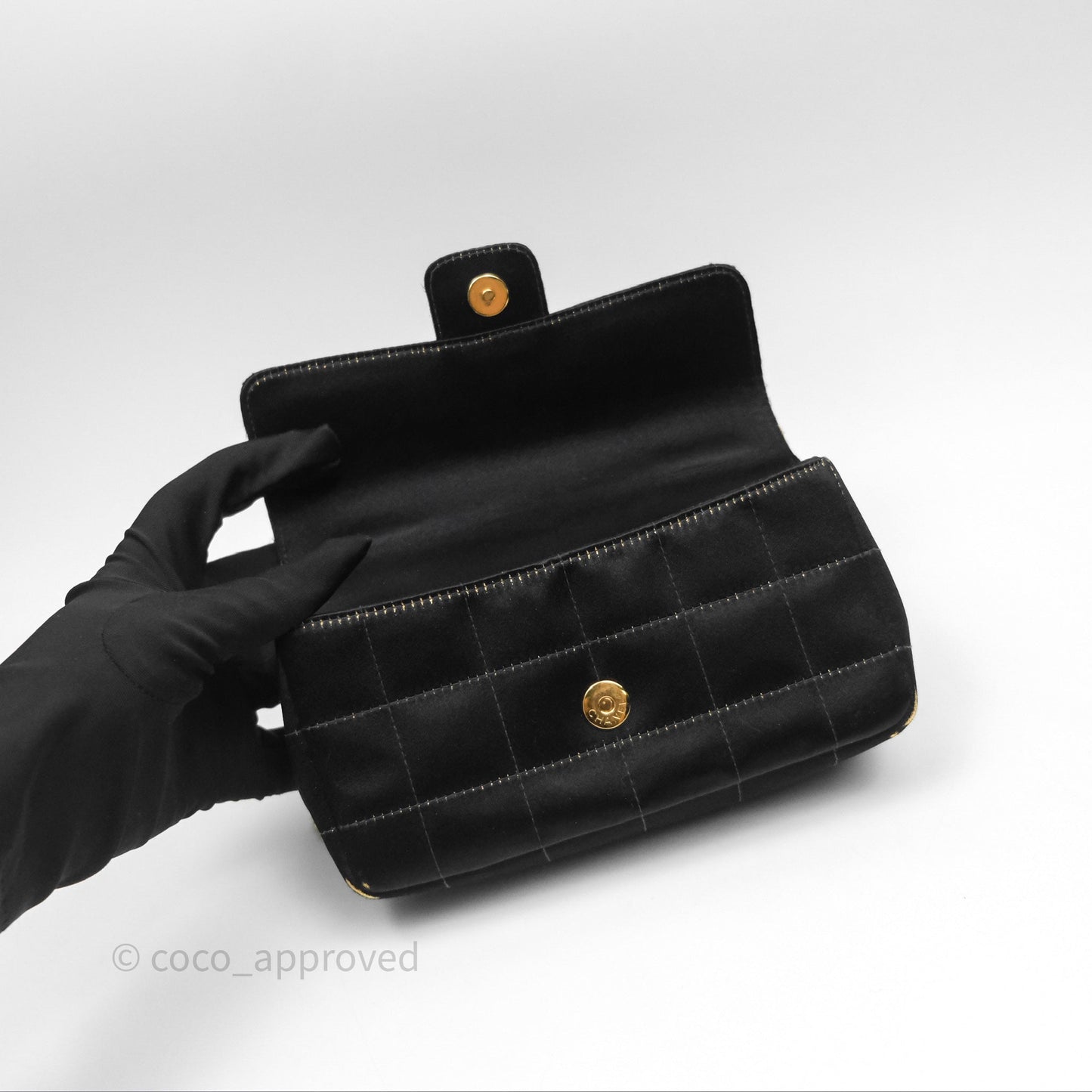 Chanel Vintage Mini Chocolate Bar Flap Black Satin Gold Hardware