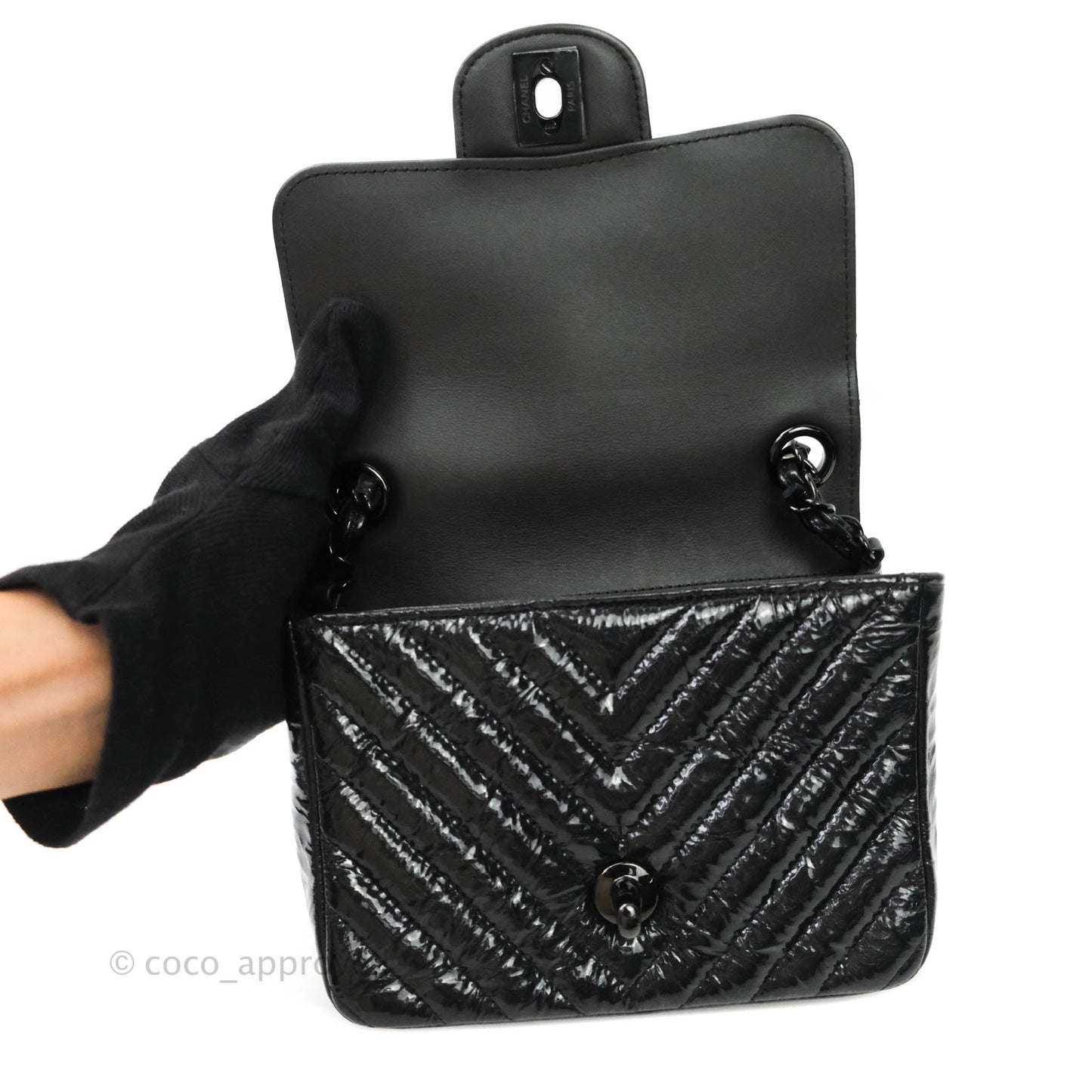 Chanel Mini Square Chevron Black Crumpled Metallic Patent So Black