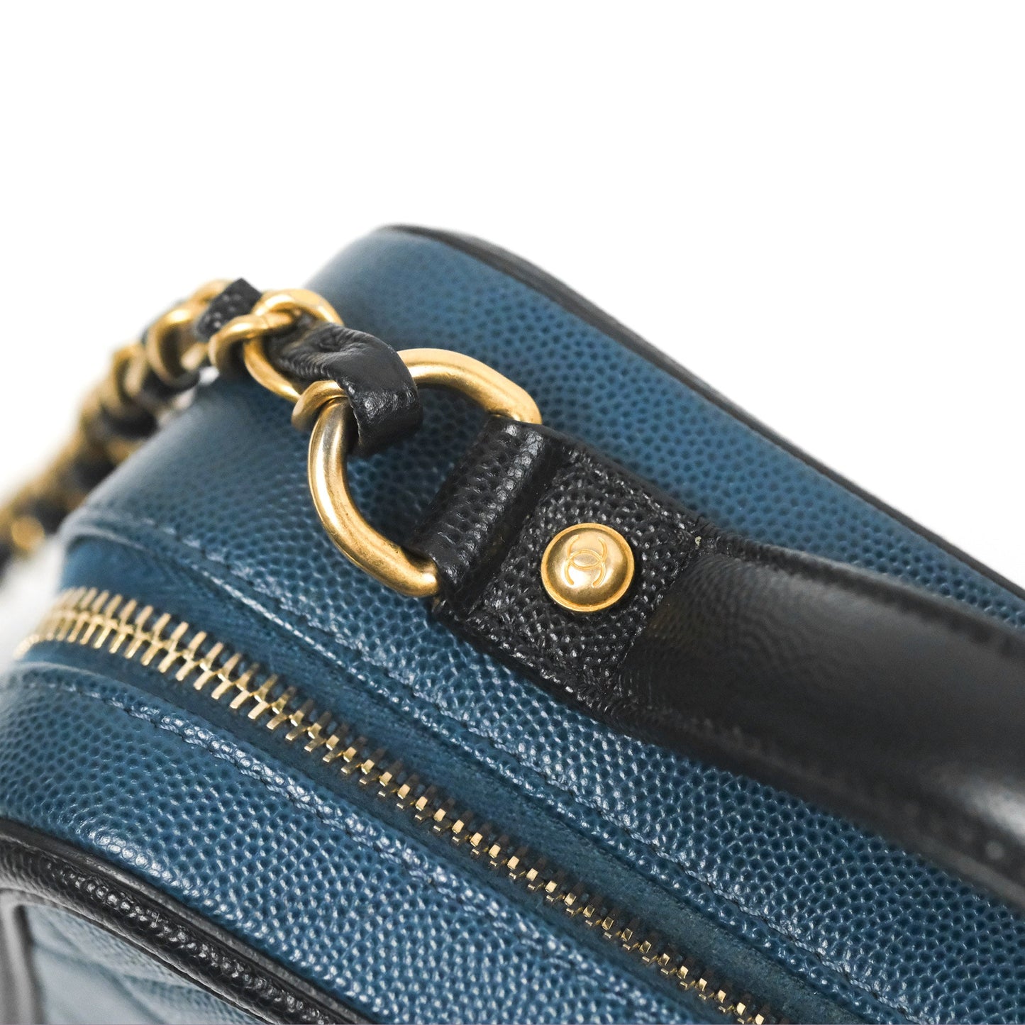 Chanel Quilted Medium CC Filigree Vanity Case Navy Black Caviar Aged Gold Hardware