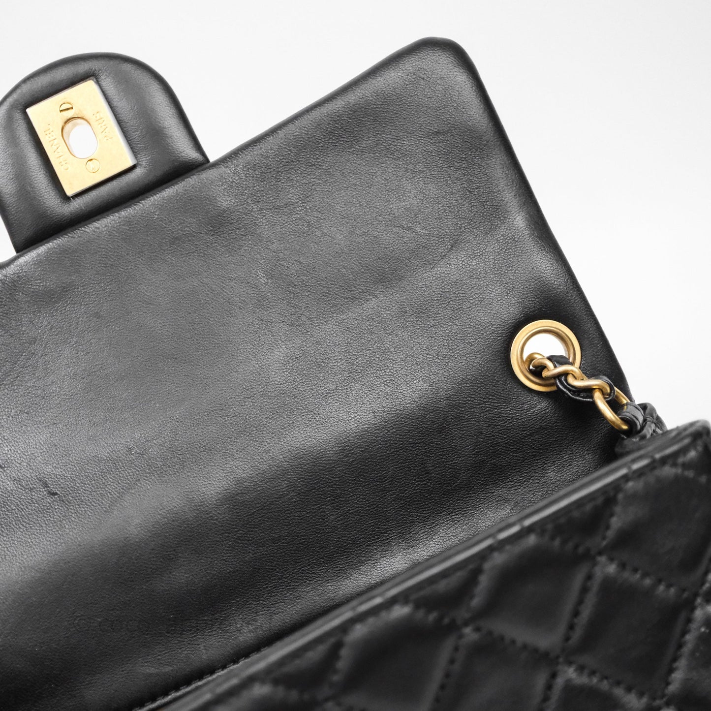 Chanel Mini Rectangular Pearl Crush Quilted Black Lambskin Aged Gold Hardware